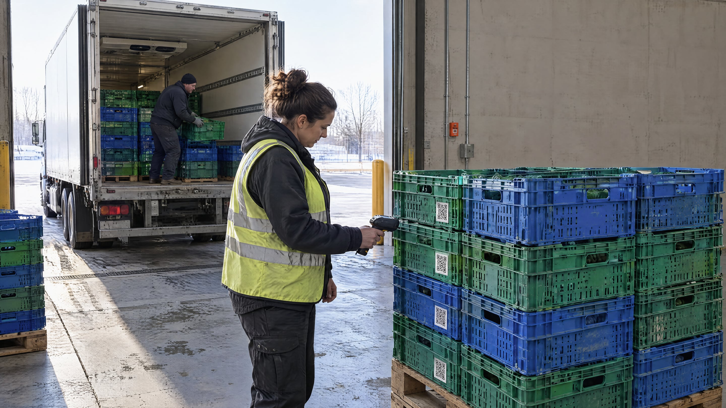 A distribution center receiver scanning a returned stack of RPCs as a driver unloads at a dock door