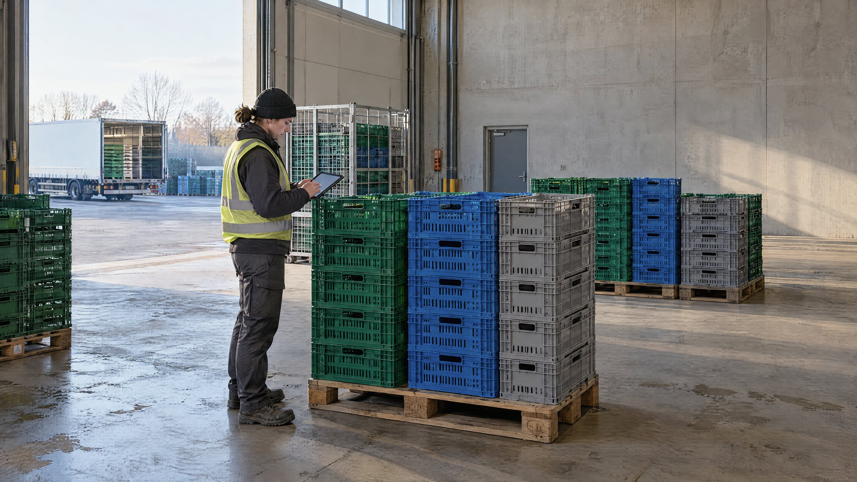 Stacks of empty green, blue and grey produce crates in a distribution center return area while a team member counts them against a tablet