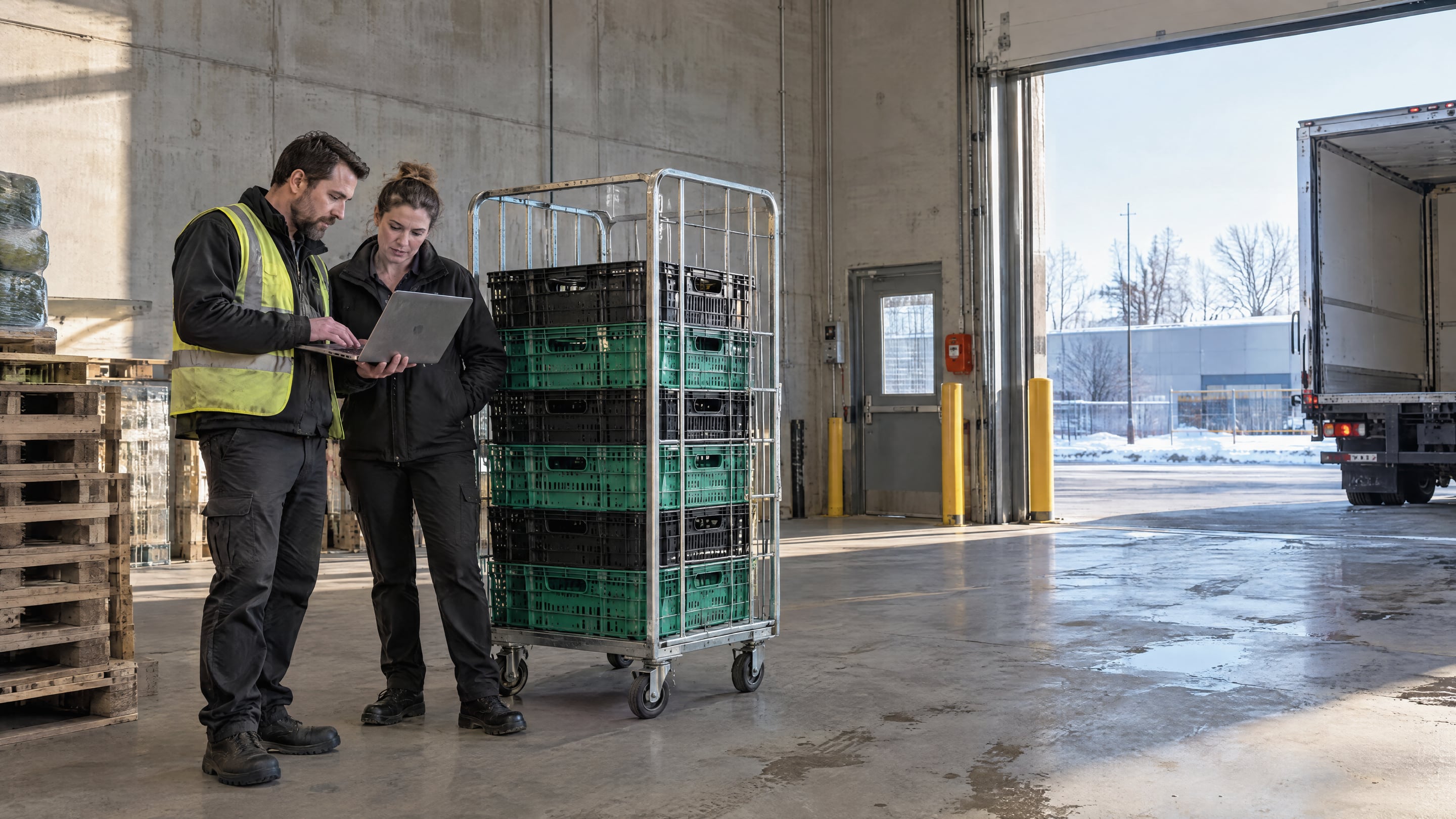 A logistics planner and a store manager reviewing overdue totes on a laptop at a supermarket back-door receiving area beside nested returnable produce totes