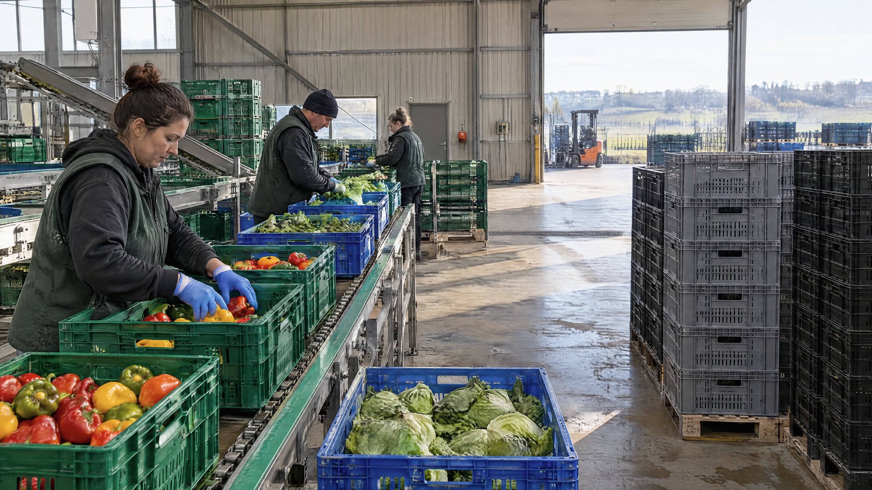 Packhouse staff filling returnable produce crates on a conveyor line