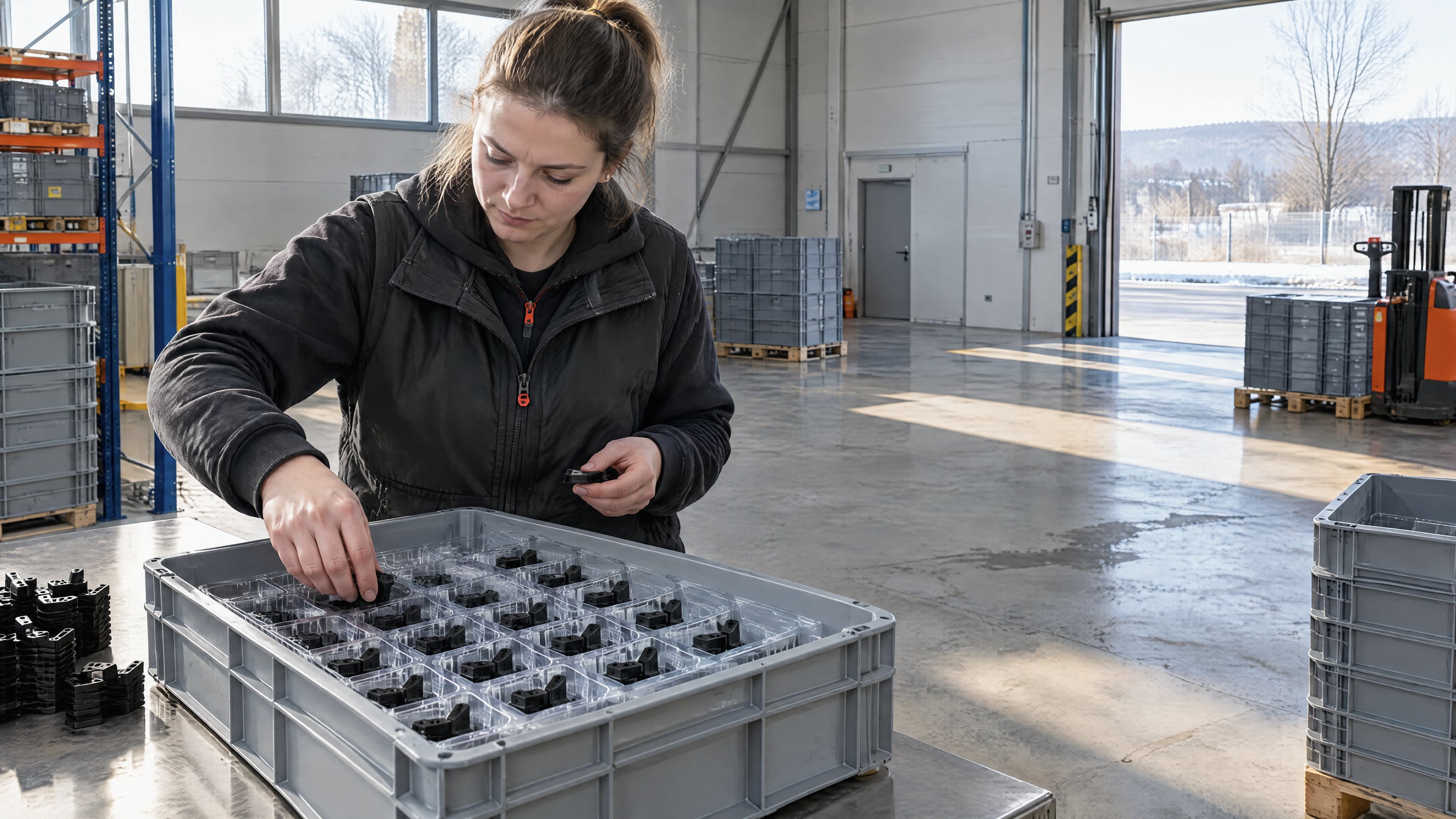 A packaging technician placing small black L-shaped plastic brackets into the cells of a formed tray insert inside a grey returnable small-load container on a packing table
