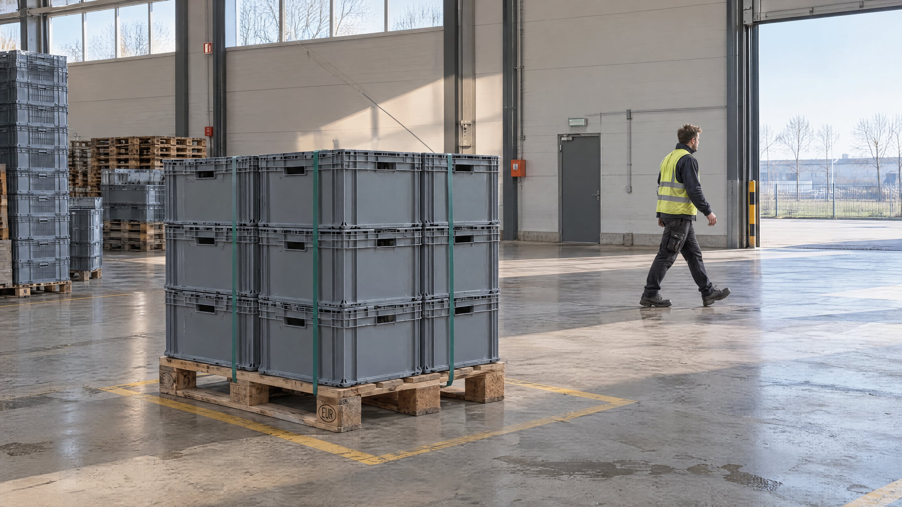 A full wooden pallet stacked with three layers of grey returnable small-load containers, strapped and waiting in a warehouse staging lane