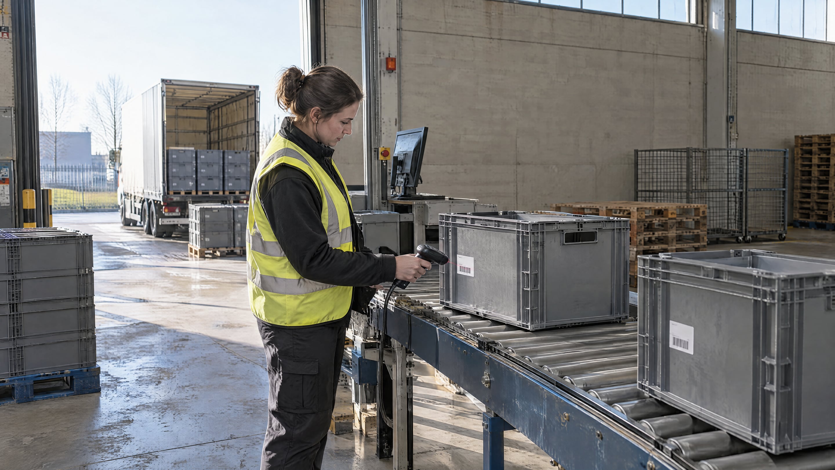 A goods receiving clerk scanning the label on a grey returnable small-load container with a handheld scanner at an incoming goods station in a factory