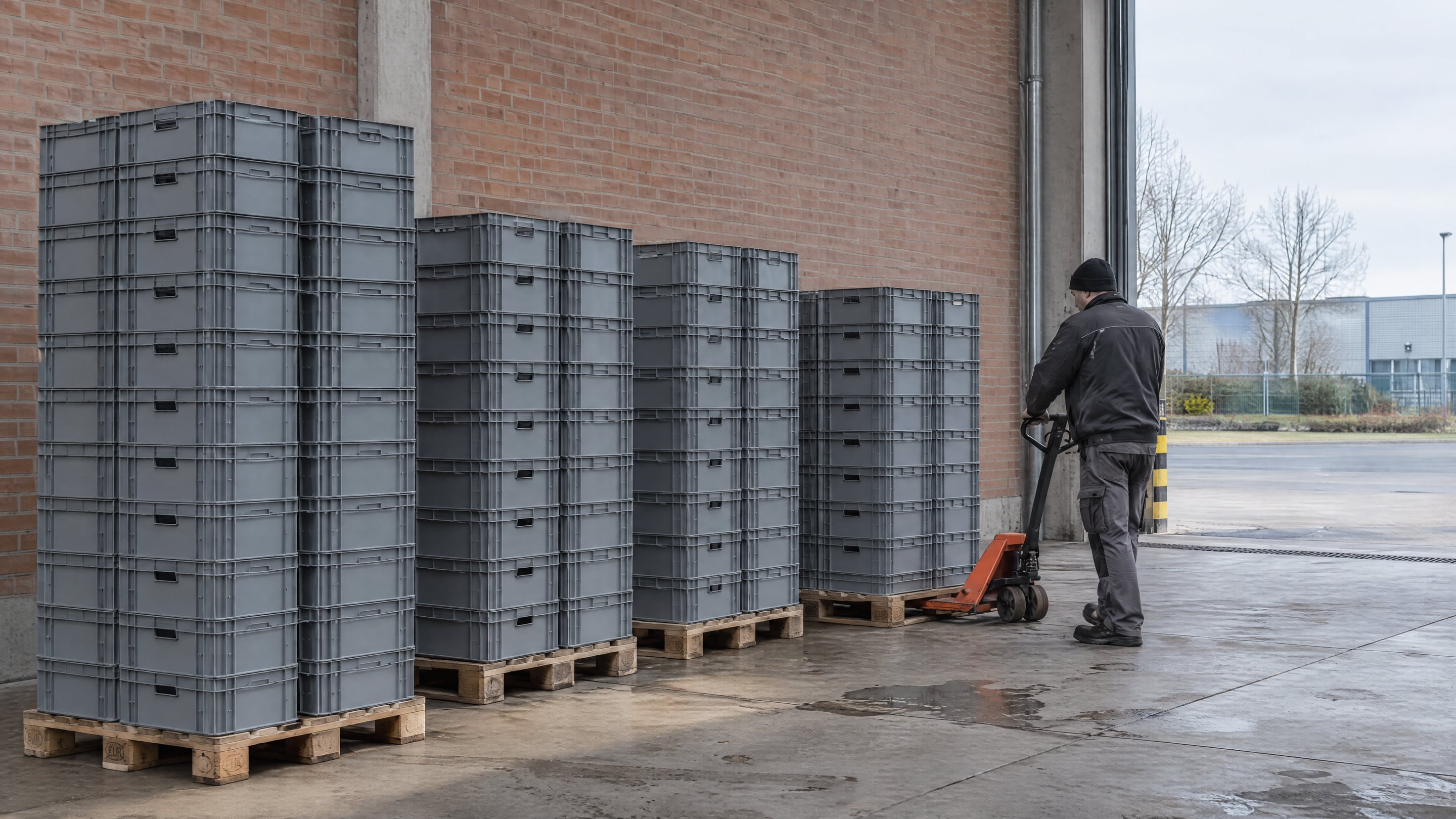 A worker with a pallet truck next to columns of empty grey returnable small-load containers stacked on pallets against a factory wall, waiting for collection