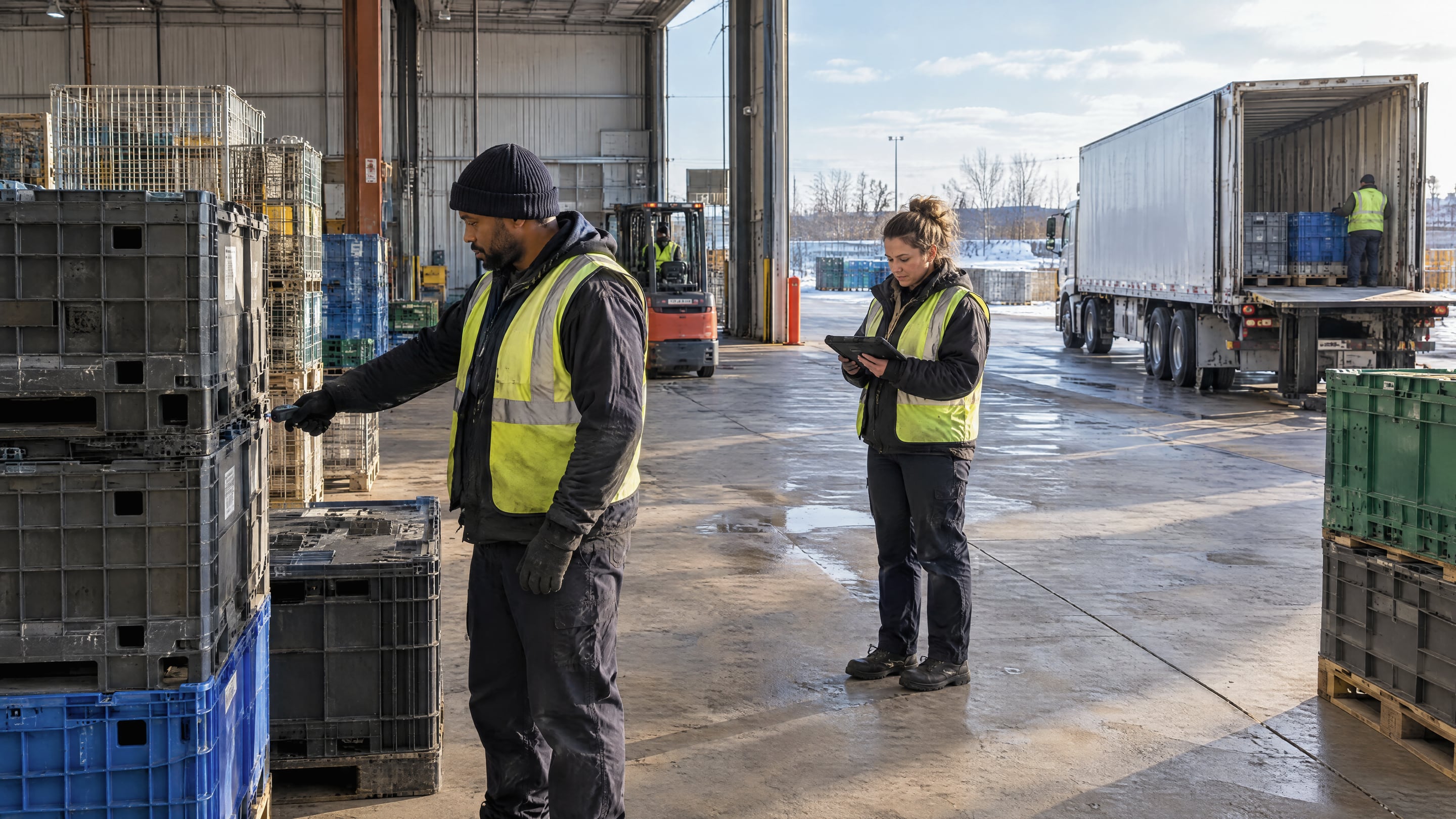 Warehouse worker scanning returnable crates and RPC totes at dispatch while a colleague confirms condition and return status on a tablet