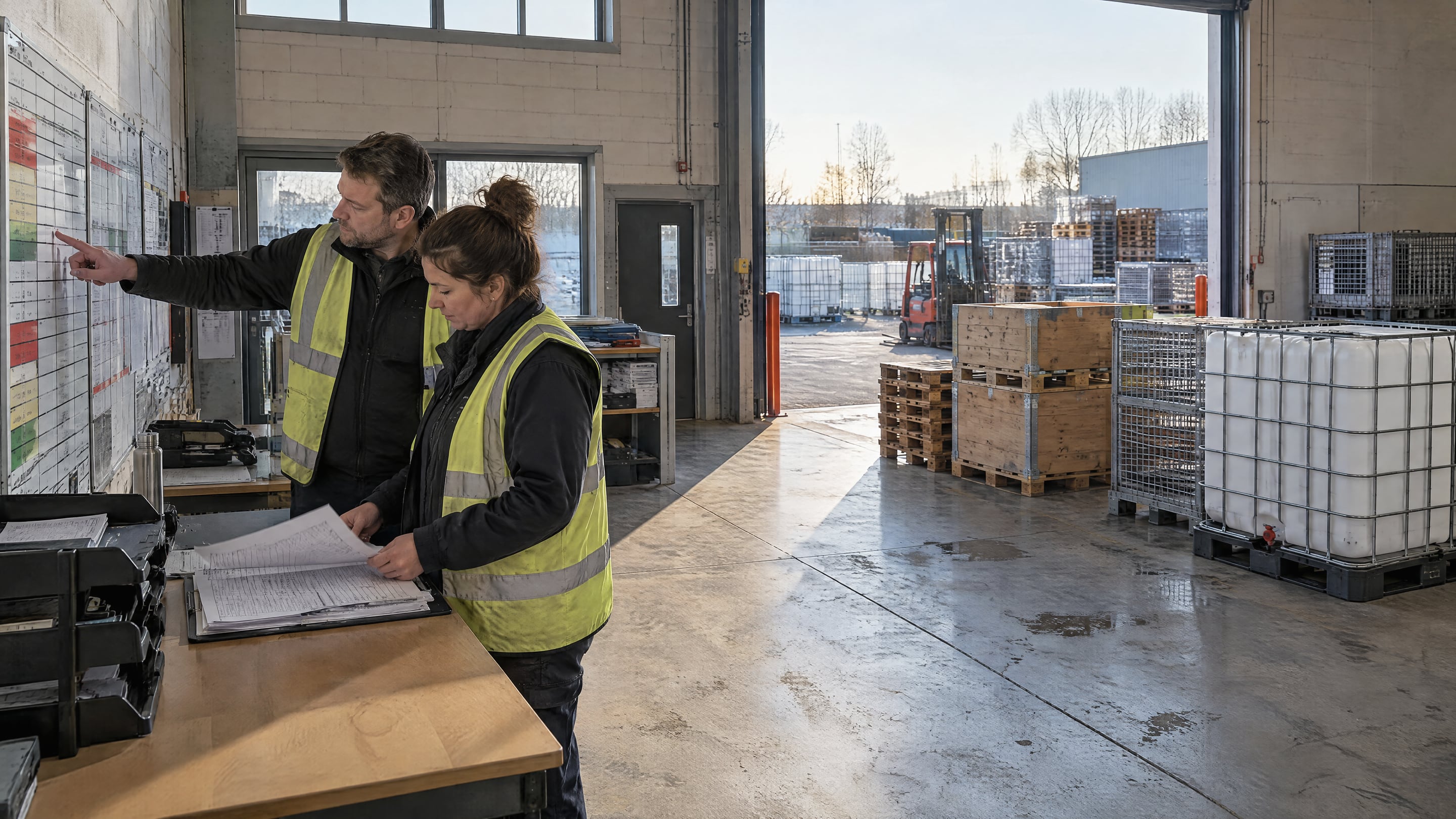 Dispatch planner and quality lead reviewing a returnable packaging exception board and handover log in a yard office