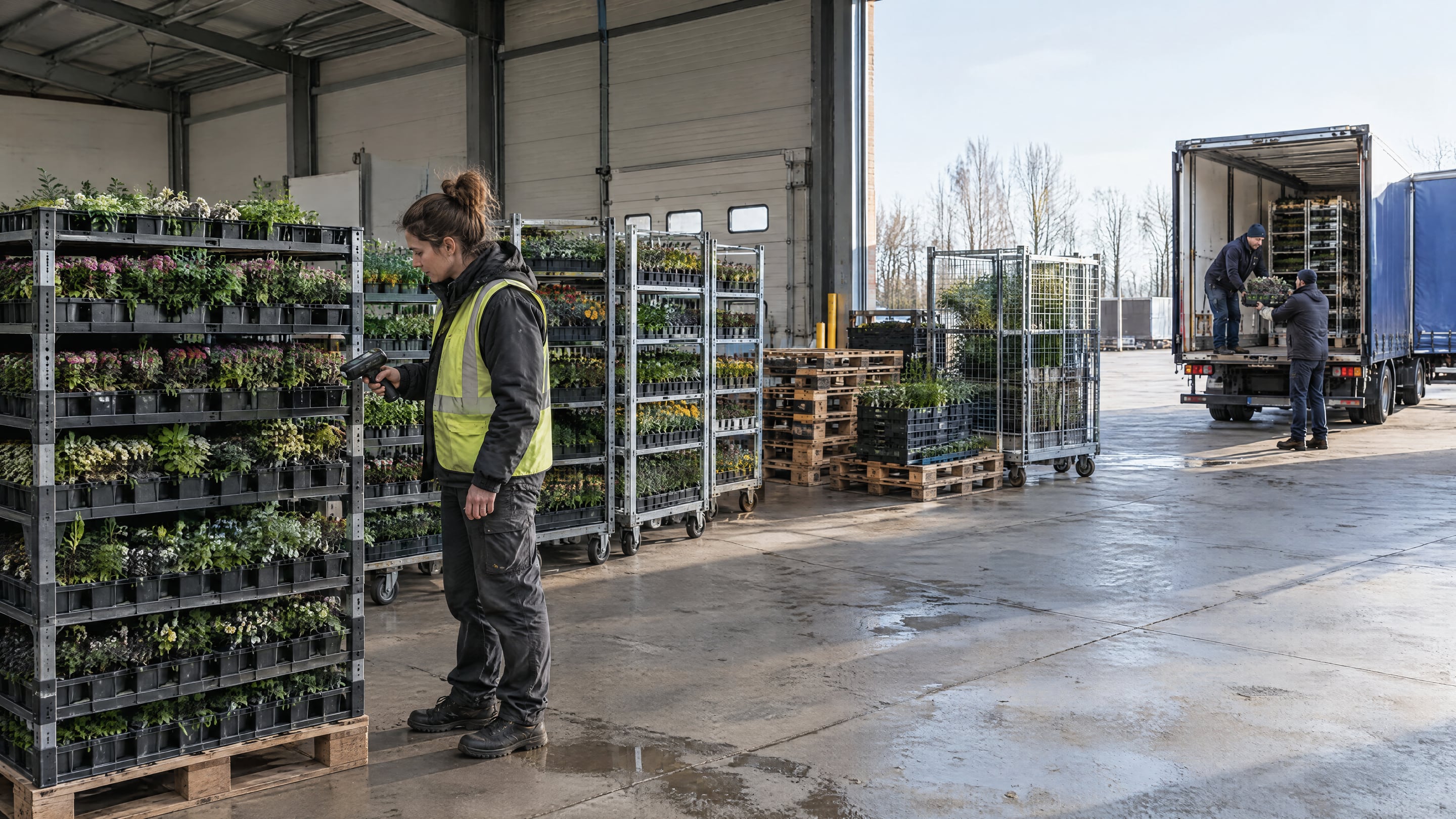 Floriculture returnable trays, carts and pallets being scanned at a depot handover