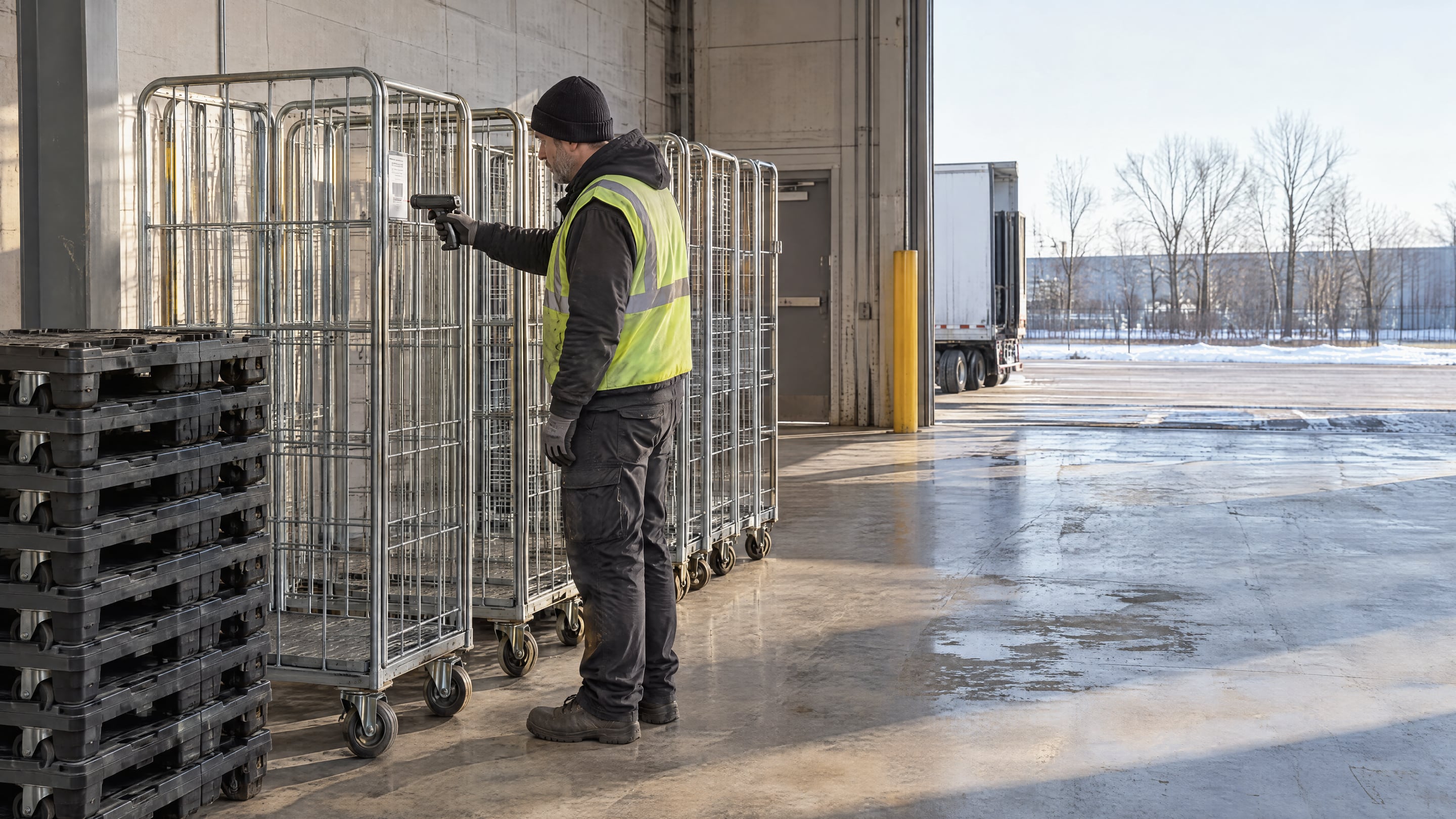 A dock worker scanning the label on a roll cage at a distribution center loading bay, next to a row of nested roll cages and stacked dollies
