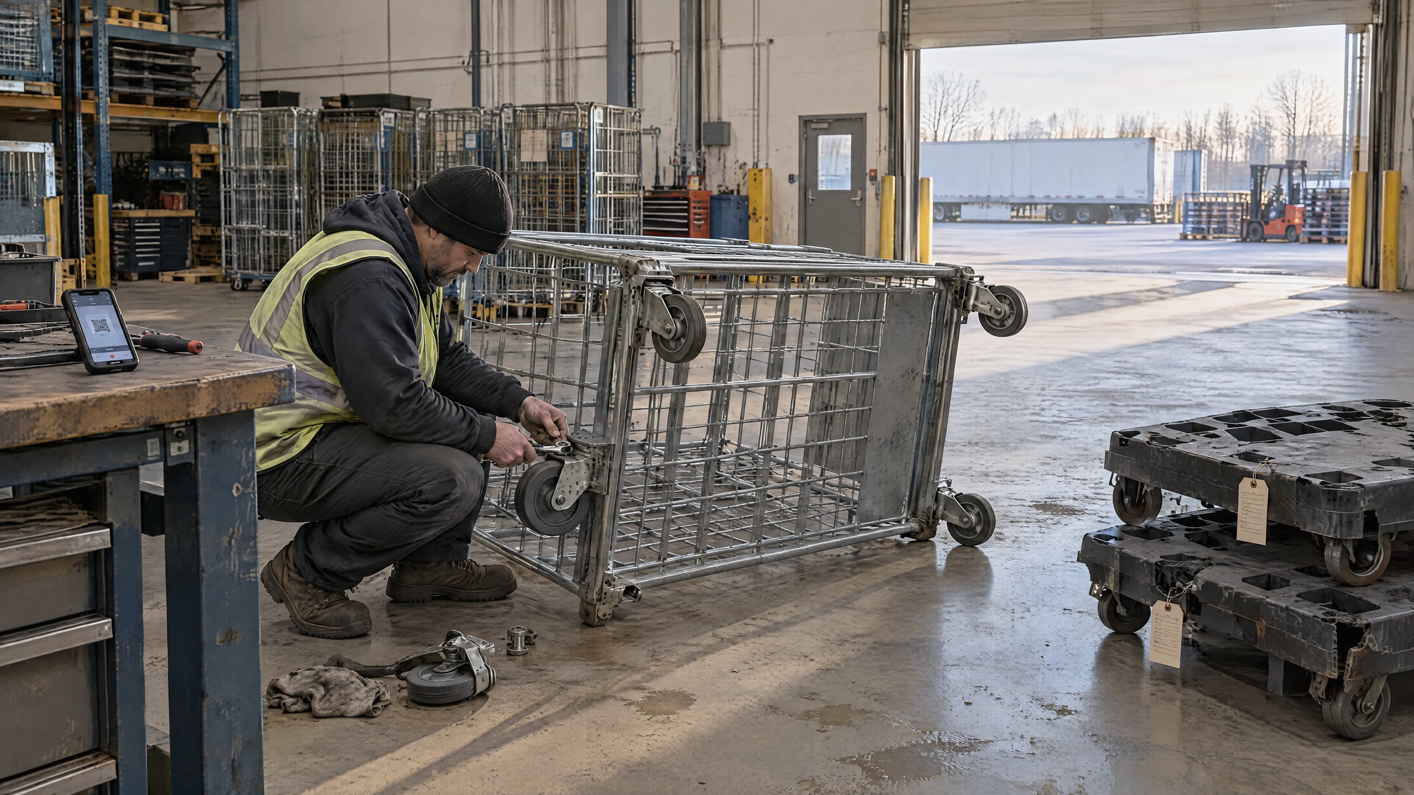 A technician replacing a broken castor on a roll cage in a distribution center repair bay, with tagged damaged dollies waiting beside the bench