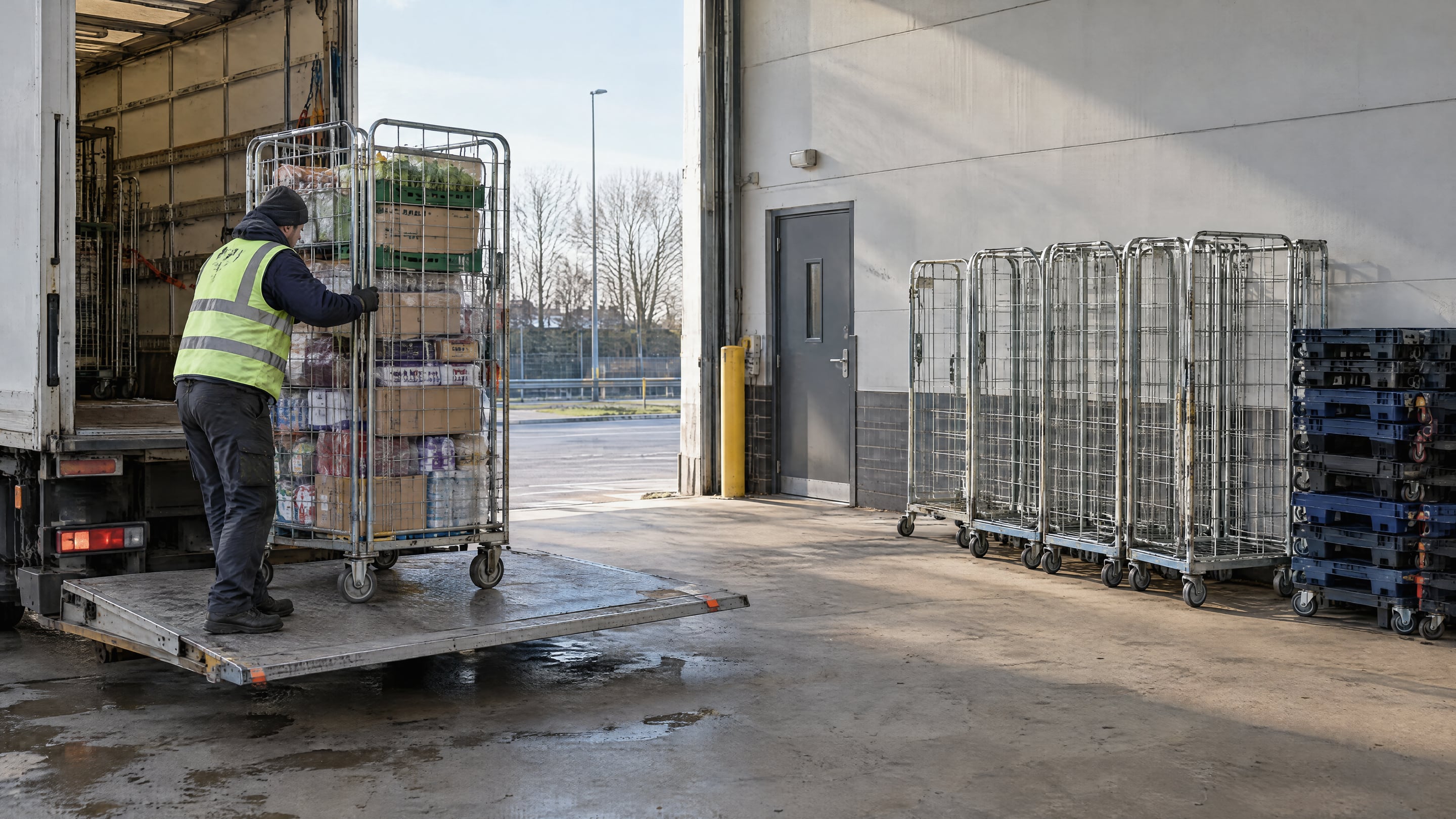 A store worker unloading a full roll cage from a truck tail lift at a supermarket back door, with empty roll cages and dollies waiting by the wall