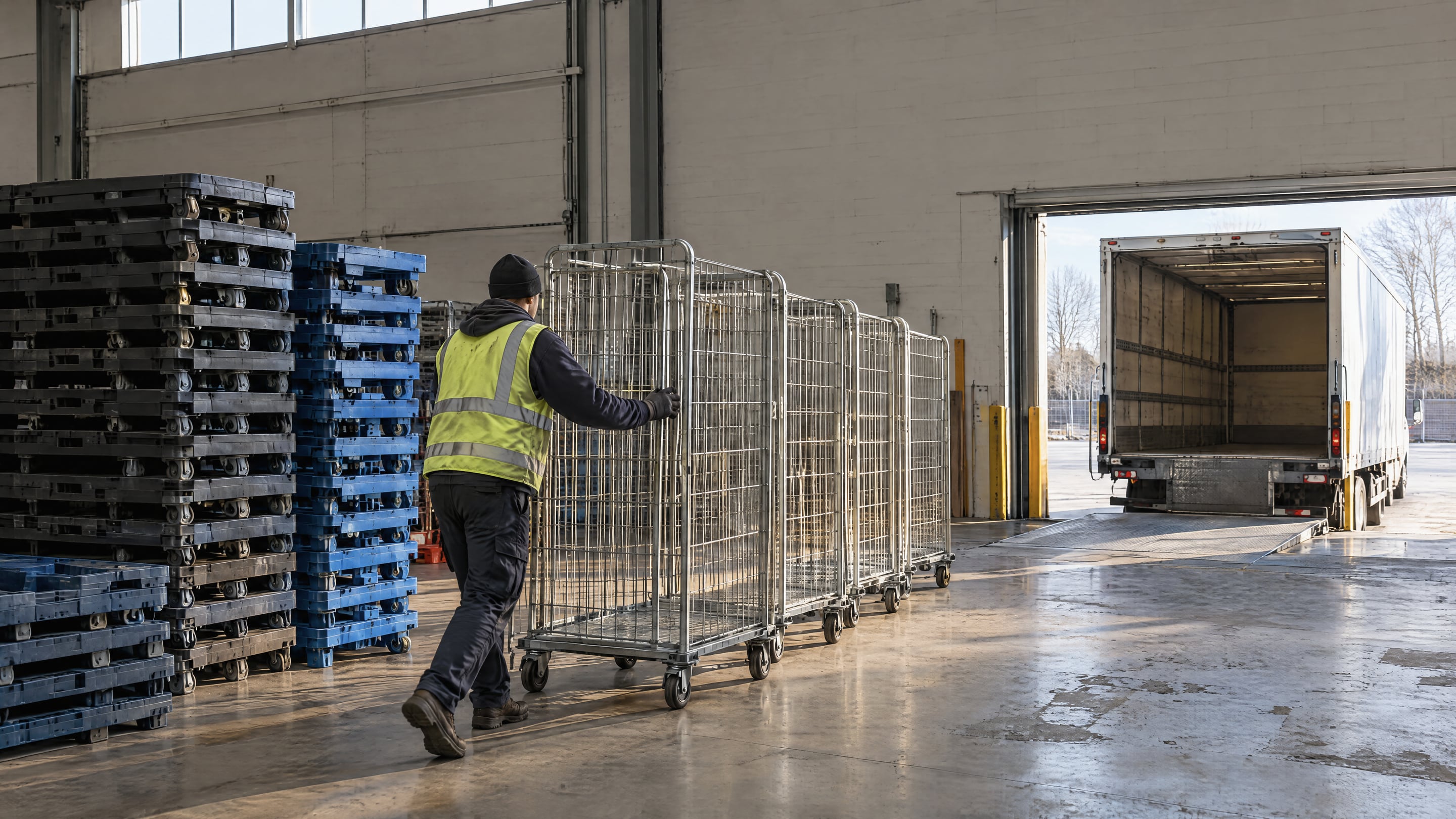 An operator moving empty roll cages past stacked dollies toward a loading dock