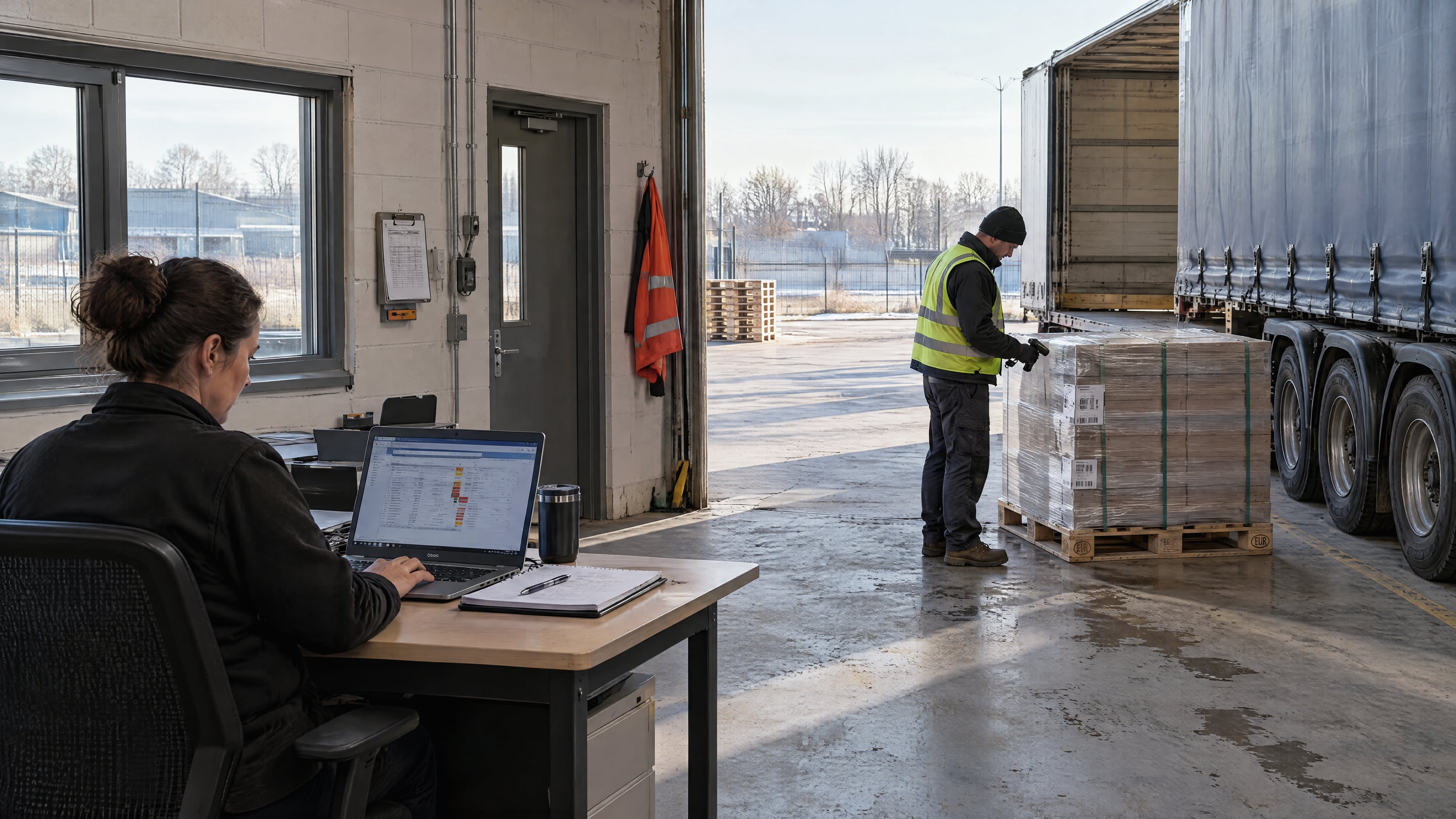 A yard office coordinator reviewing exception tasks on a laptop while a driver scans a returnable pallet label outside
