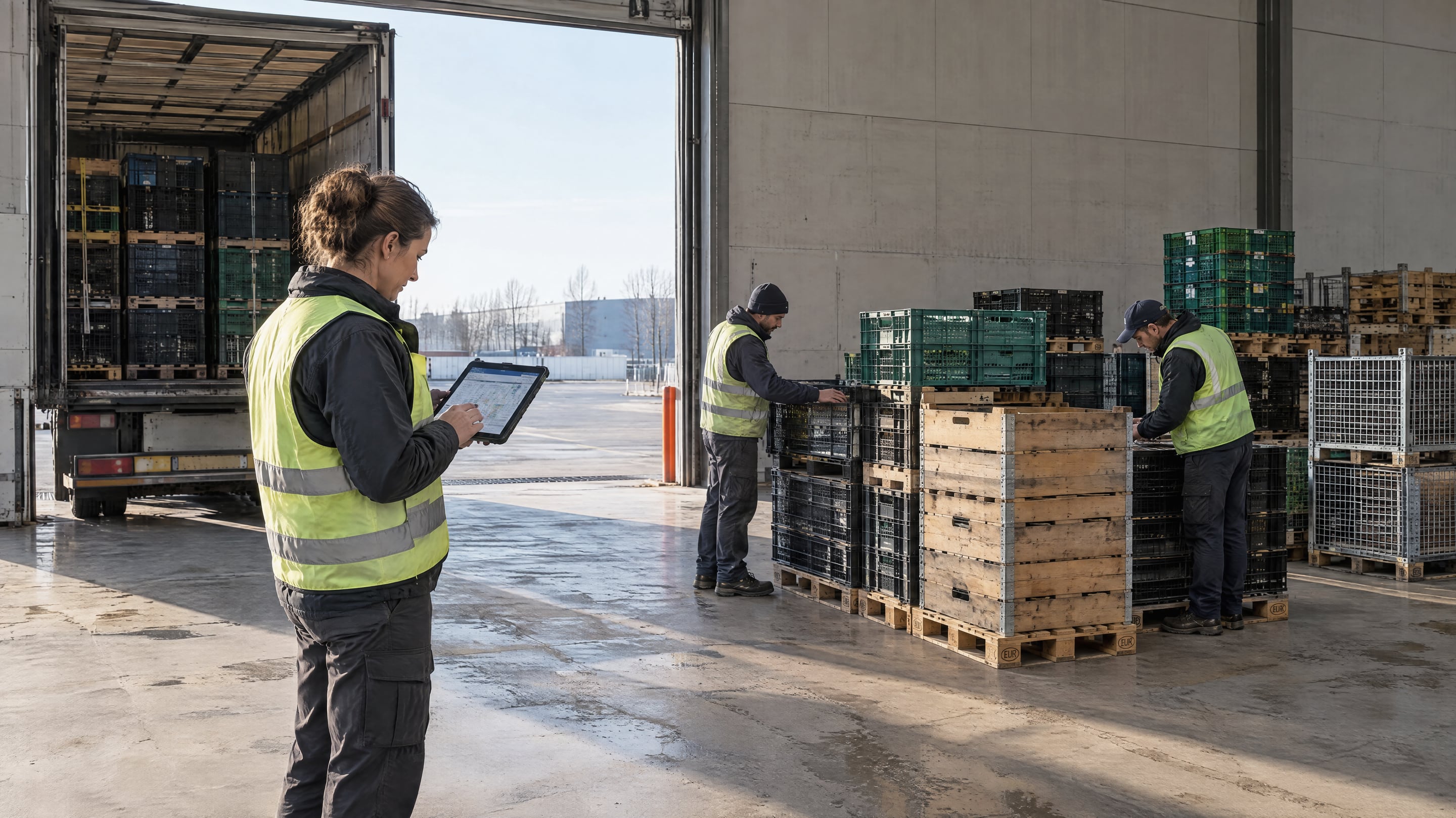 A transport planner checking a lane dashboard while two workers verify a returnable pallet stack and a crate stack on the dock