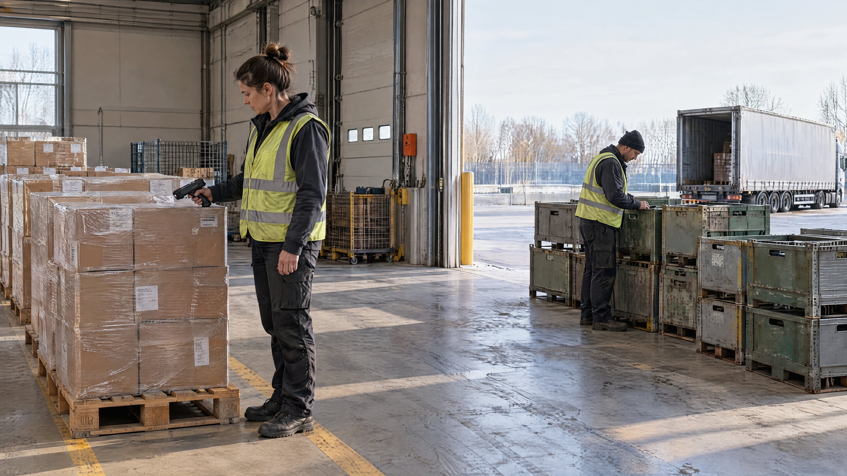 A supervisor scanning tagged returnables while a teammate counts untagged crates at a loading dock