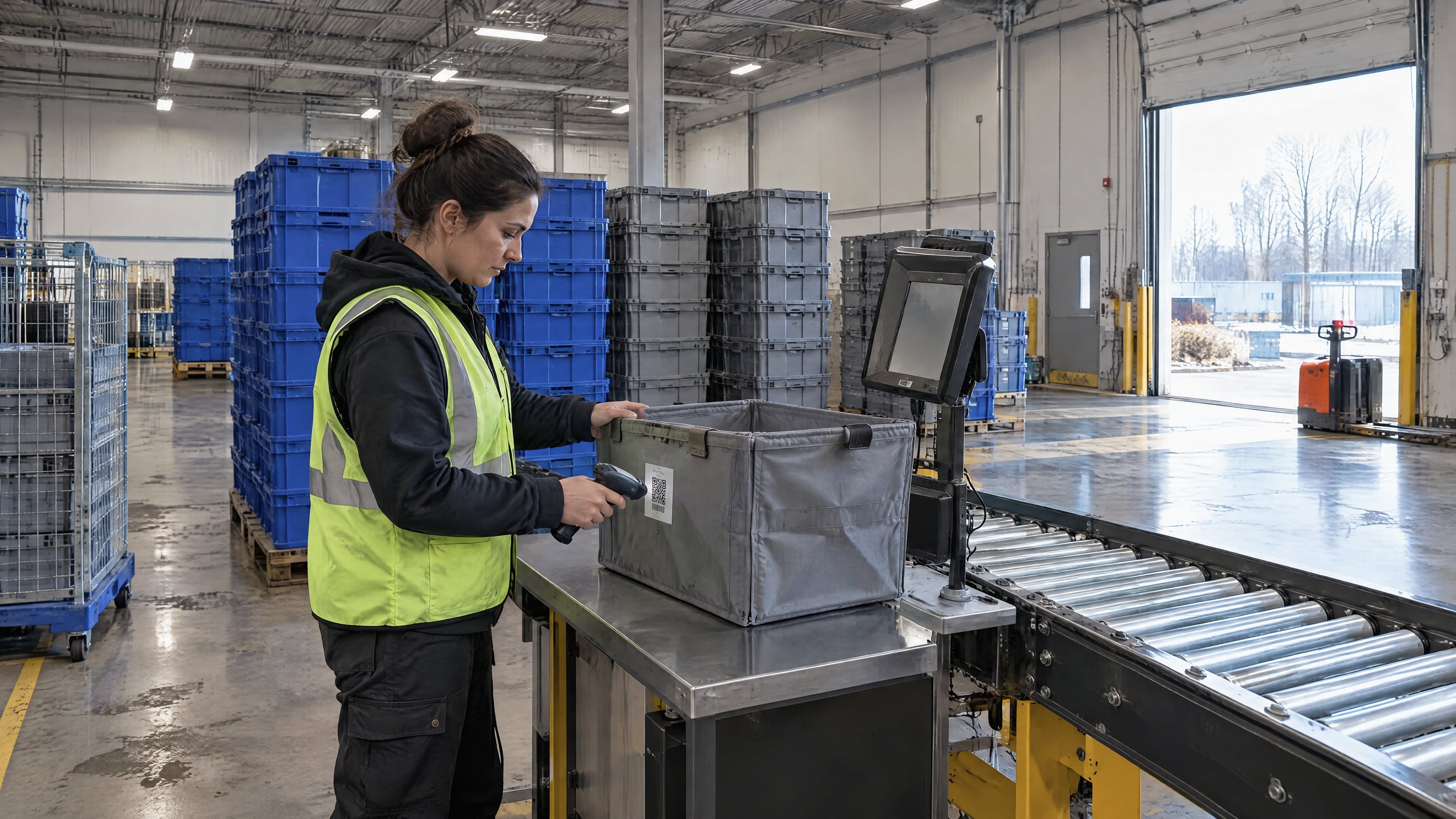 A fulfilment center worker scanning a returned grey tote at a check-in station beside a conveyor, with stacks of empty totes behind the station