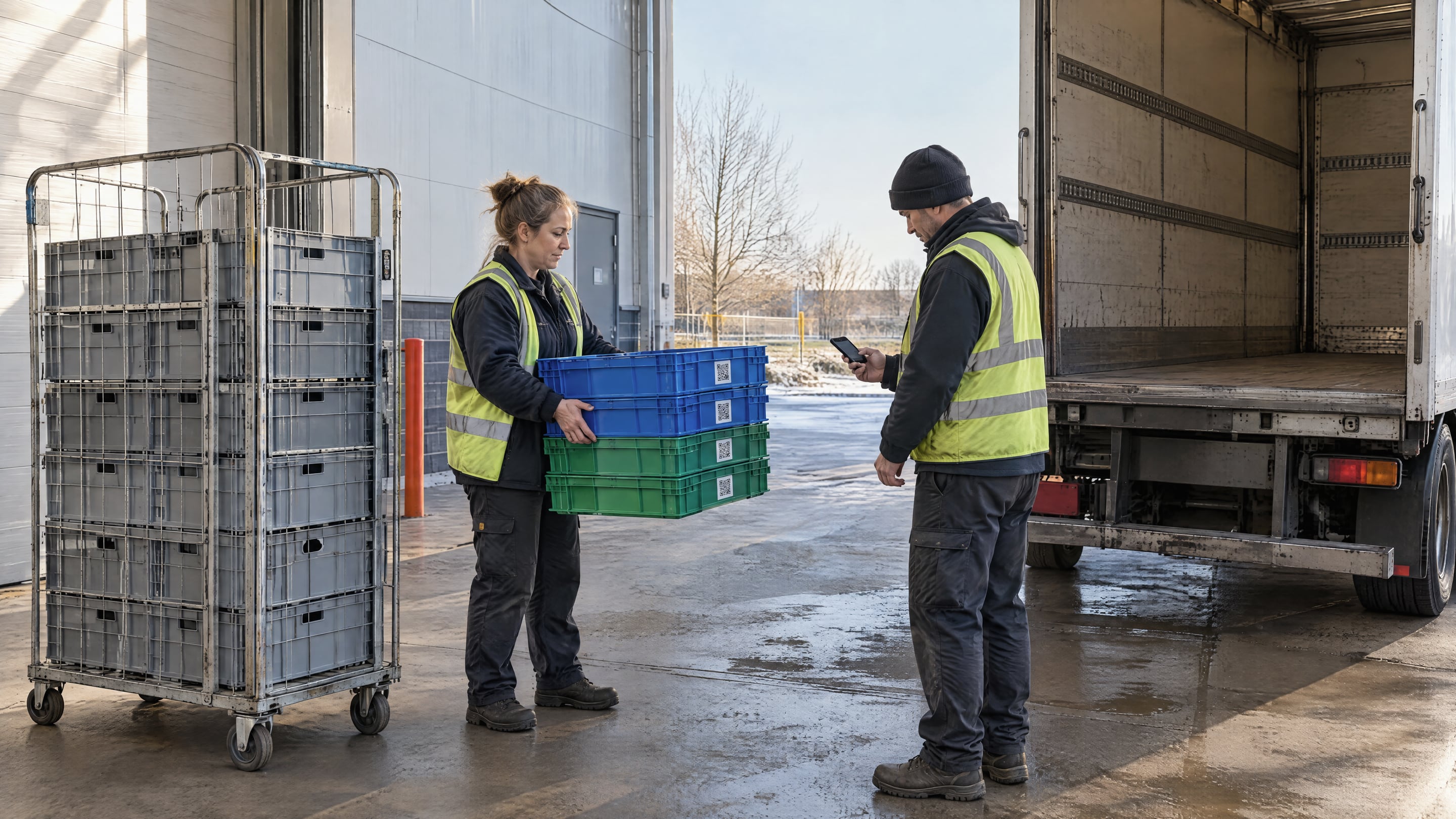 A store worker handing a stack of empty returnable totes to a delivery driver who scans them at a supermarket back door