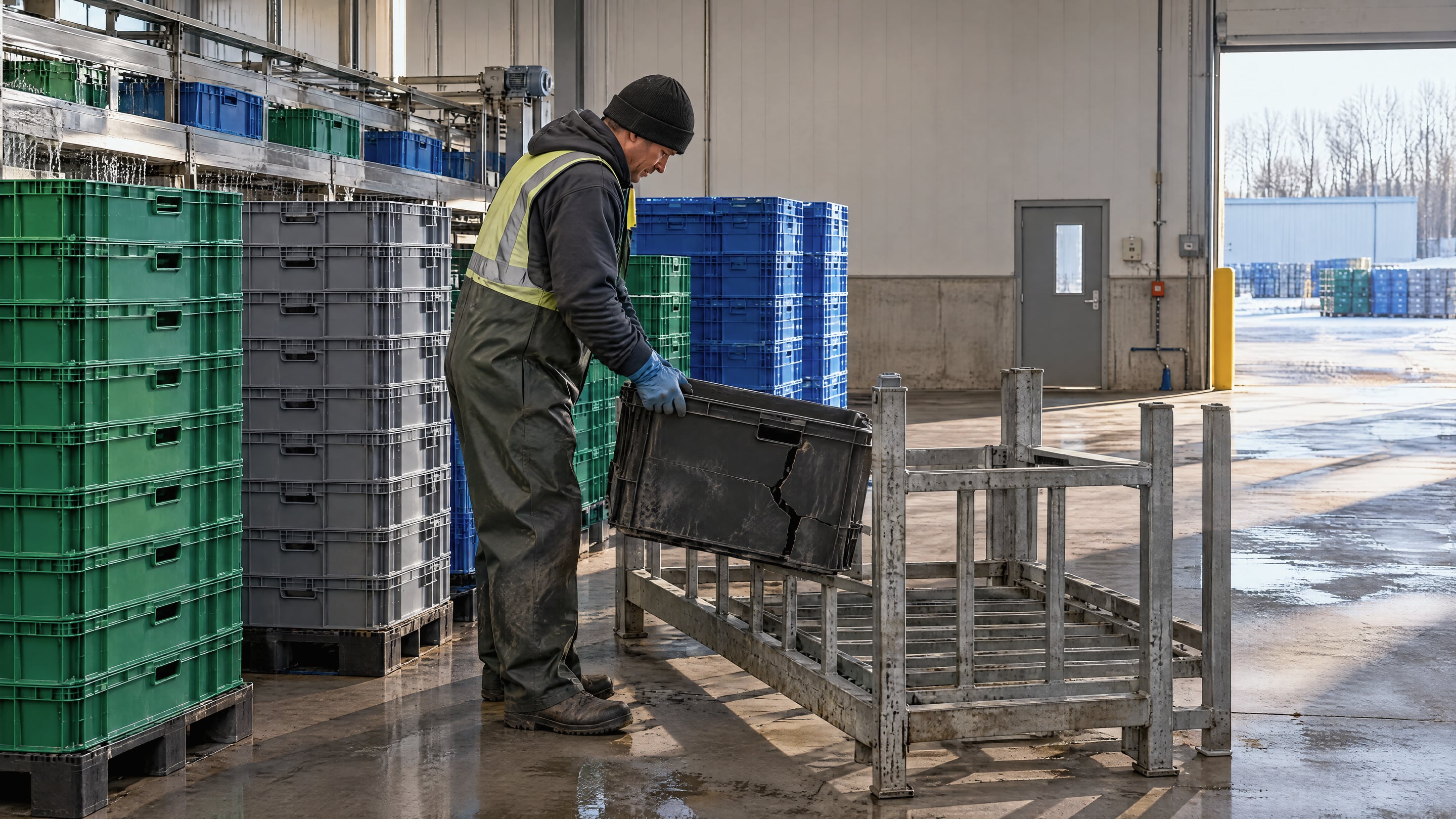 A wash facility worker setting a cracked RPC aside on a quarantine rack next to stacks of clean green and grey totes