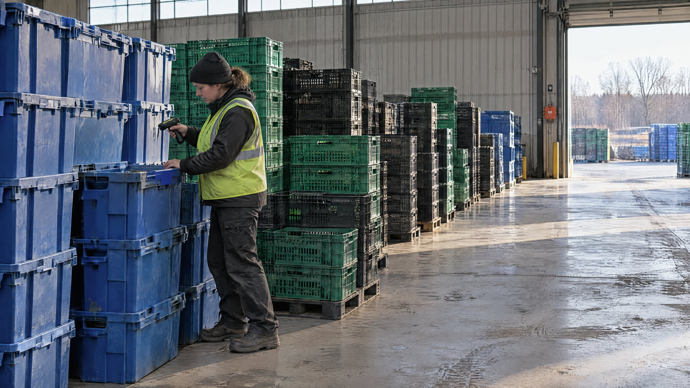 Planner at a US depot counting returnable totes and RPCs on a handheld scanner before they go back into circulation