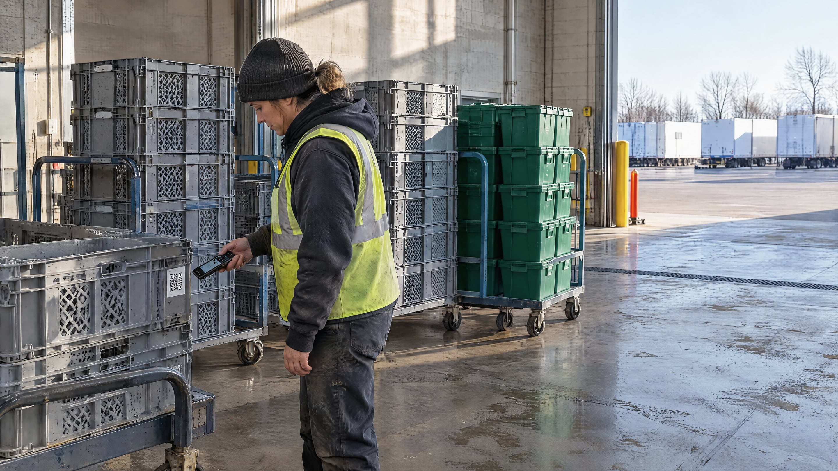 Dock worker scanning the QR label on a returnable crate at a US wash site handover, with washed crates and totes stacked on carts behind