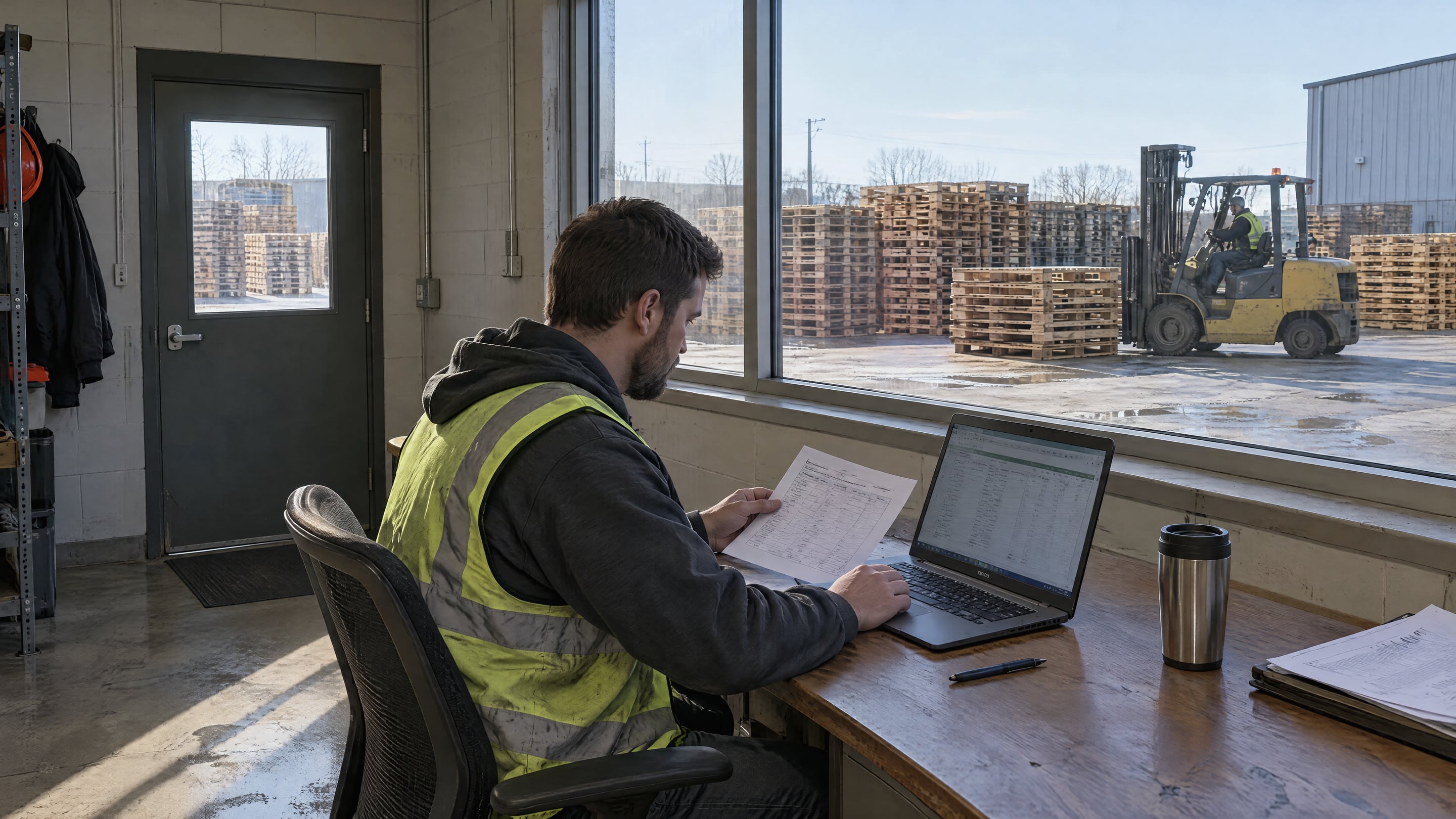 Operations analyst at a laptop in a US yard office comparing scan records with a printed pallet count sheet, with stacked returnable pallets visible through the window
