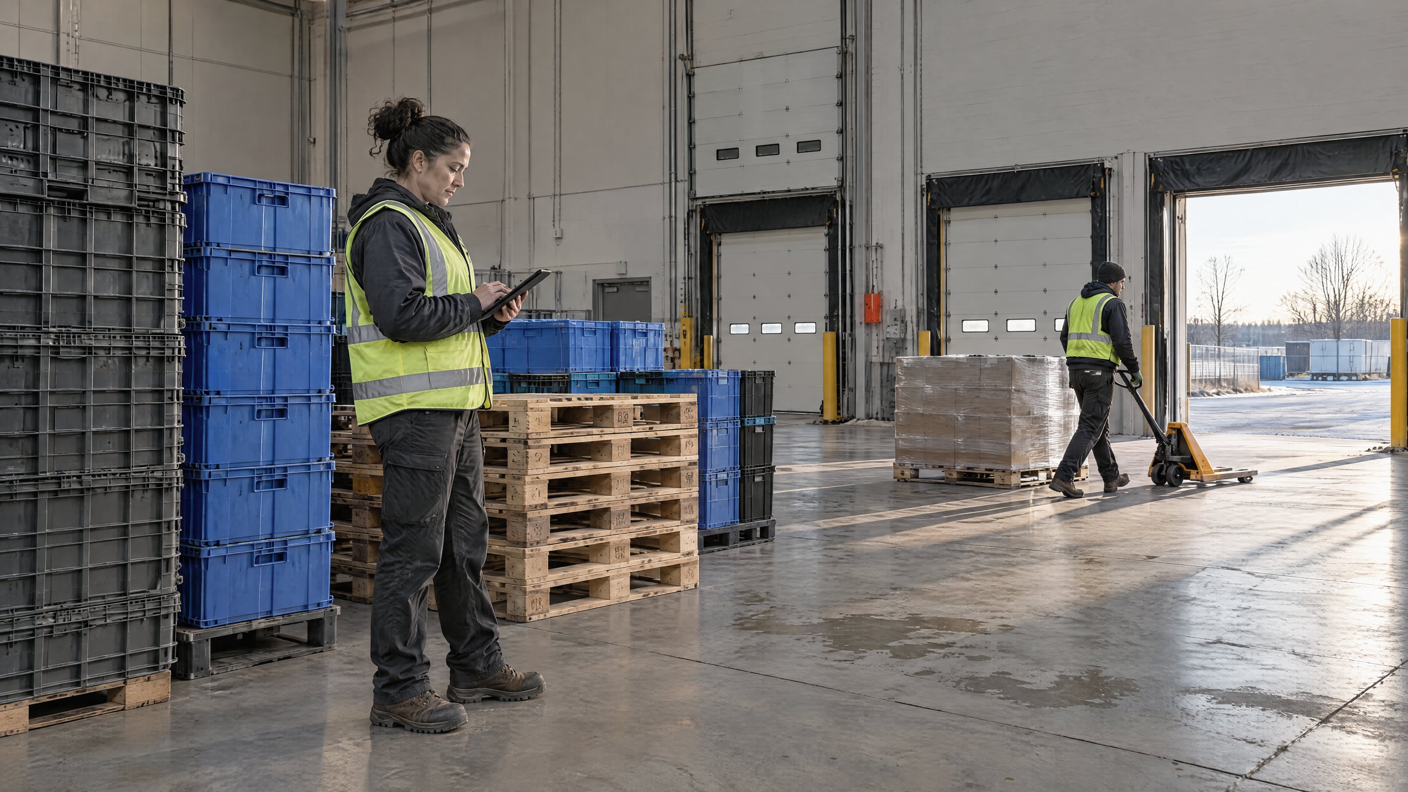 Supervisor reviewing reporting data on a tablet next to returnable crates, totes and pallets in a US warehouse