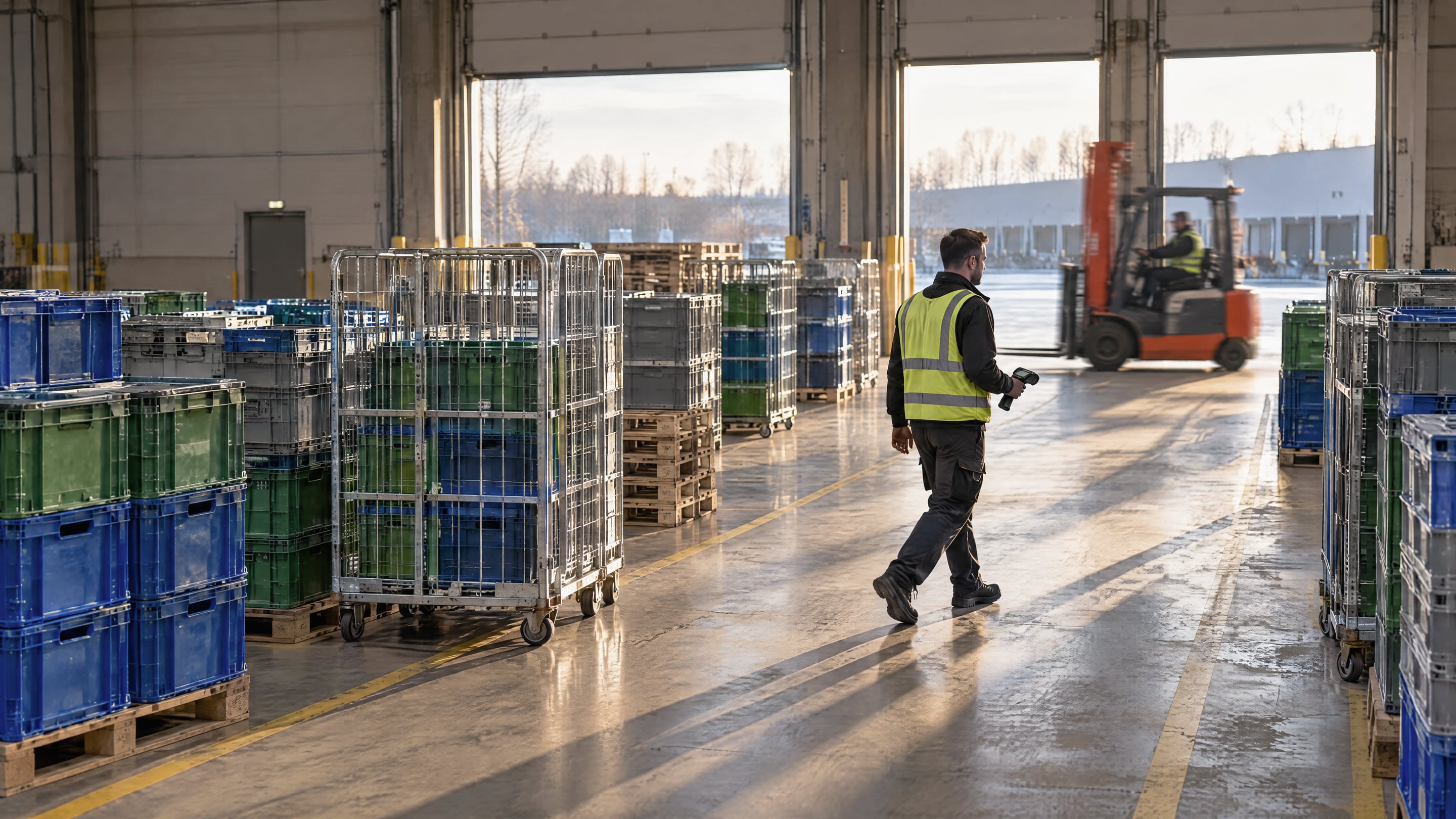 Operator with a handheld scanner walking between lanes of blue, green and grey crates, roll cages and wooden pallets in a cross-dock hall, a forklift passing behind