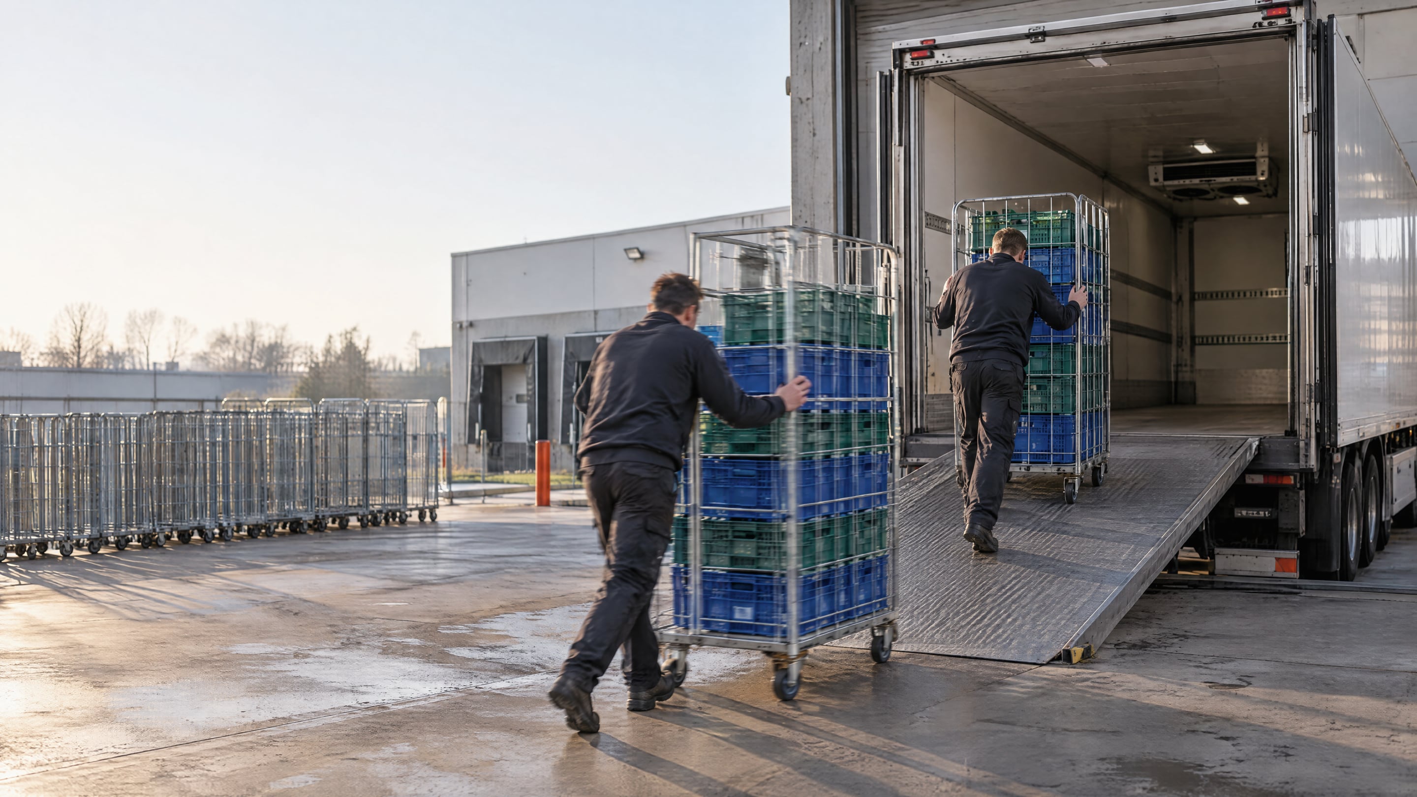 Two workers loading roll cages of blue and green crates into a refrigerated truck at a loading dock, a row of empty roll cages along the dock wall