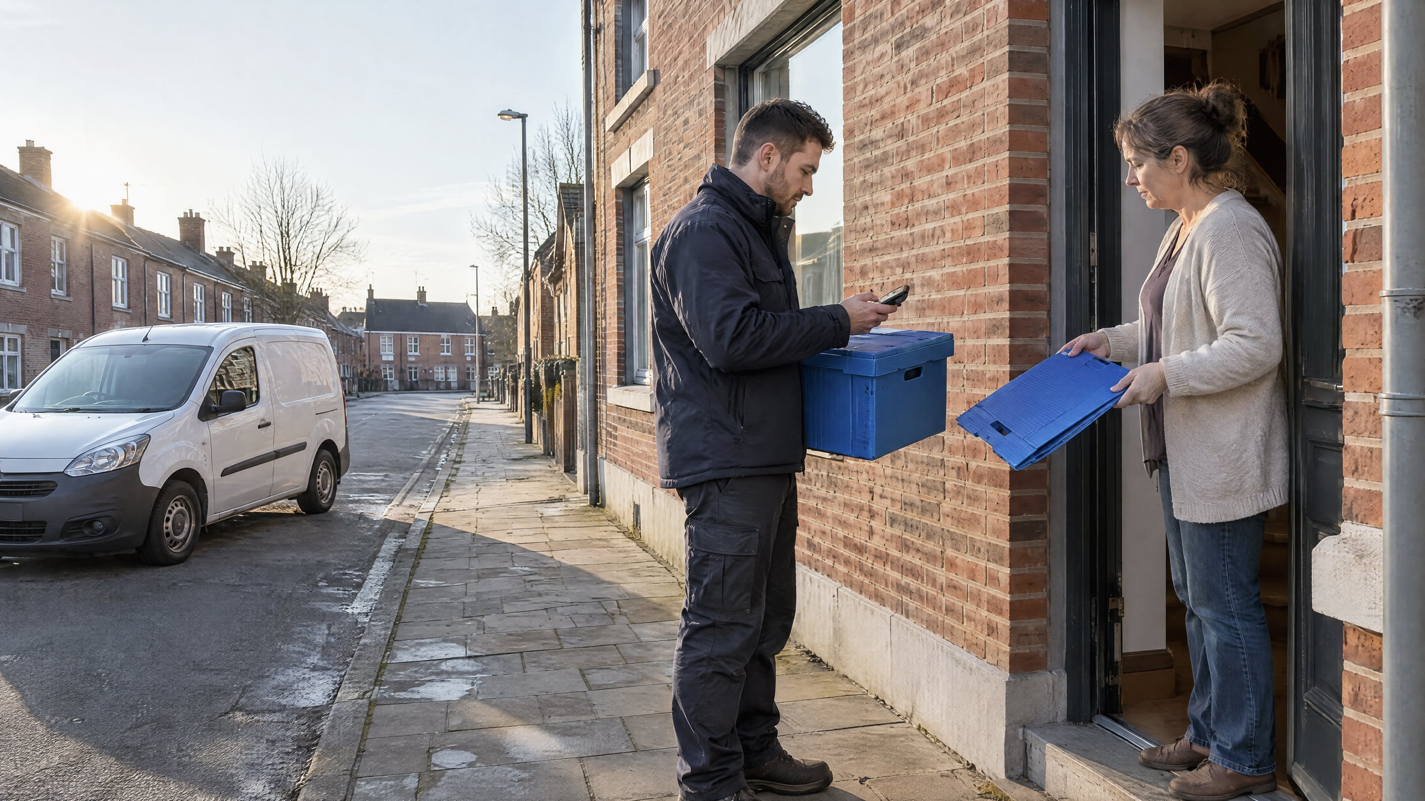 A delivery driver at a front door takes back a folded empty blue reusable shipping box and scans it, while the customer hands it over
