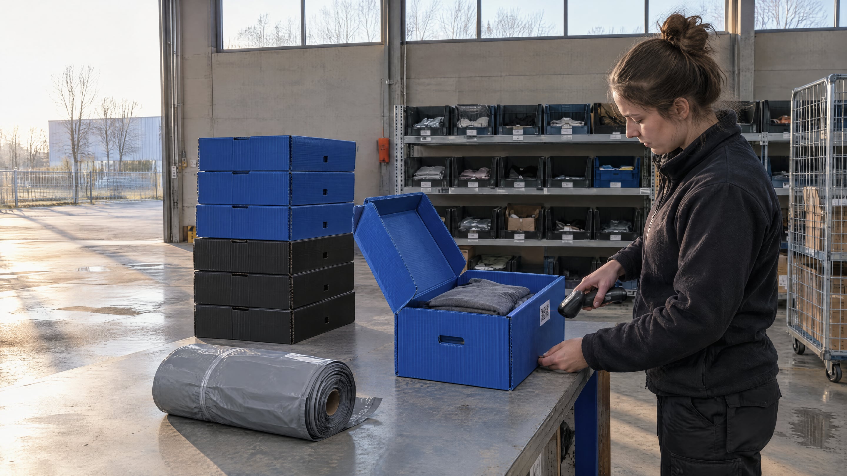 A packer at a fulfilment center scans the QR label on a blue reusable shipping box with an order inside, stacks of blue and black boxes beside her