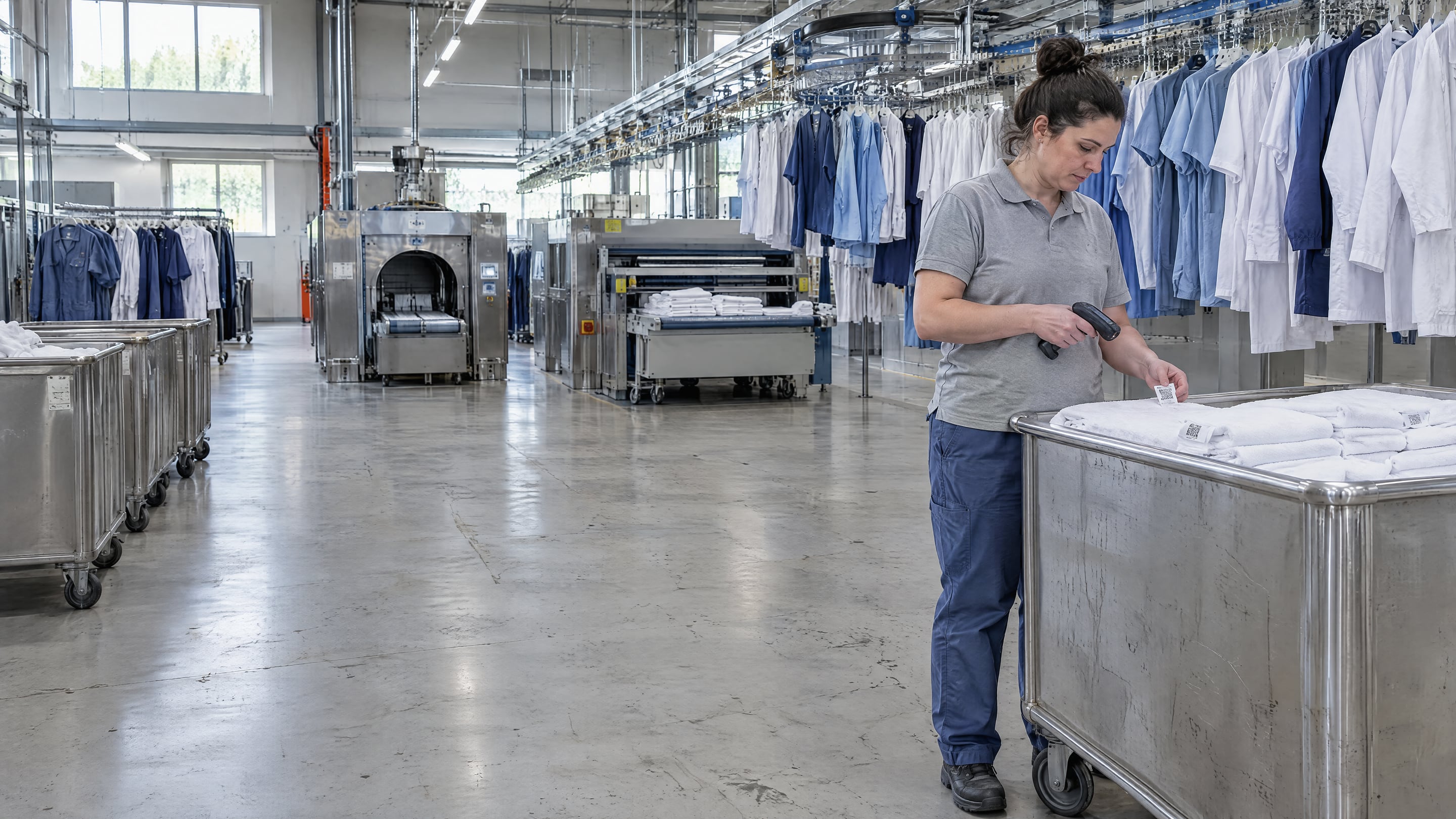 Een wasserijmedewerker controleert met een RFID-handlezer een inox linnenkar met gevouwen handdoeken, onder een rail met hangende werkkledij en ziekenhuisuniformen