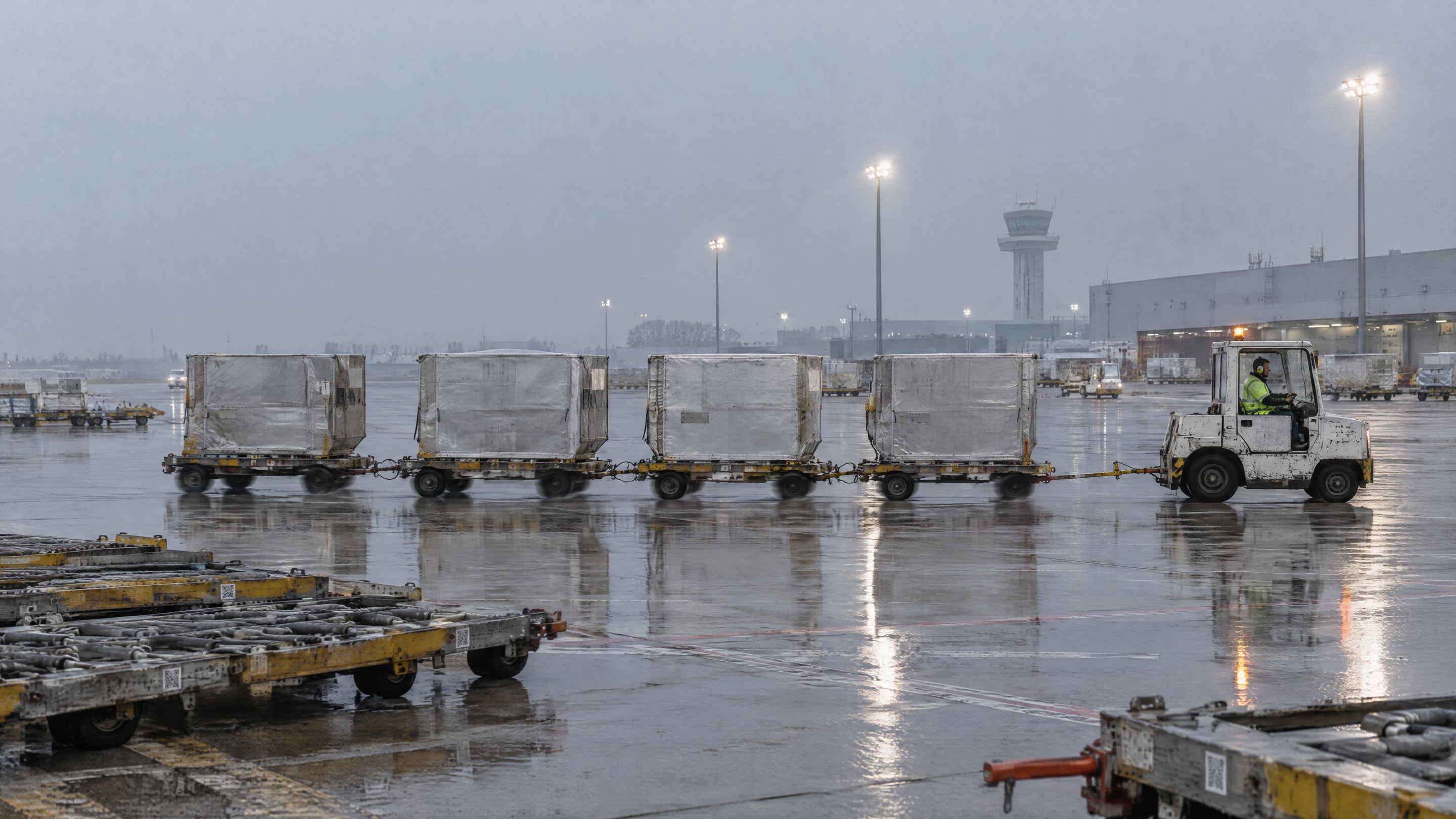 A small electric tow tractor pulls a train of container dollies loaded with air cargo containers across a wet apron in the rain