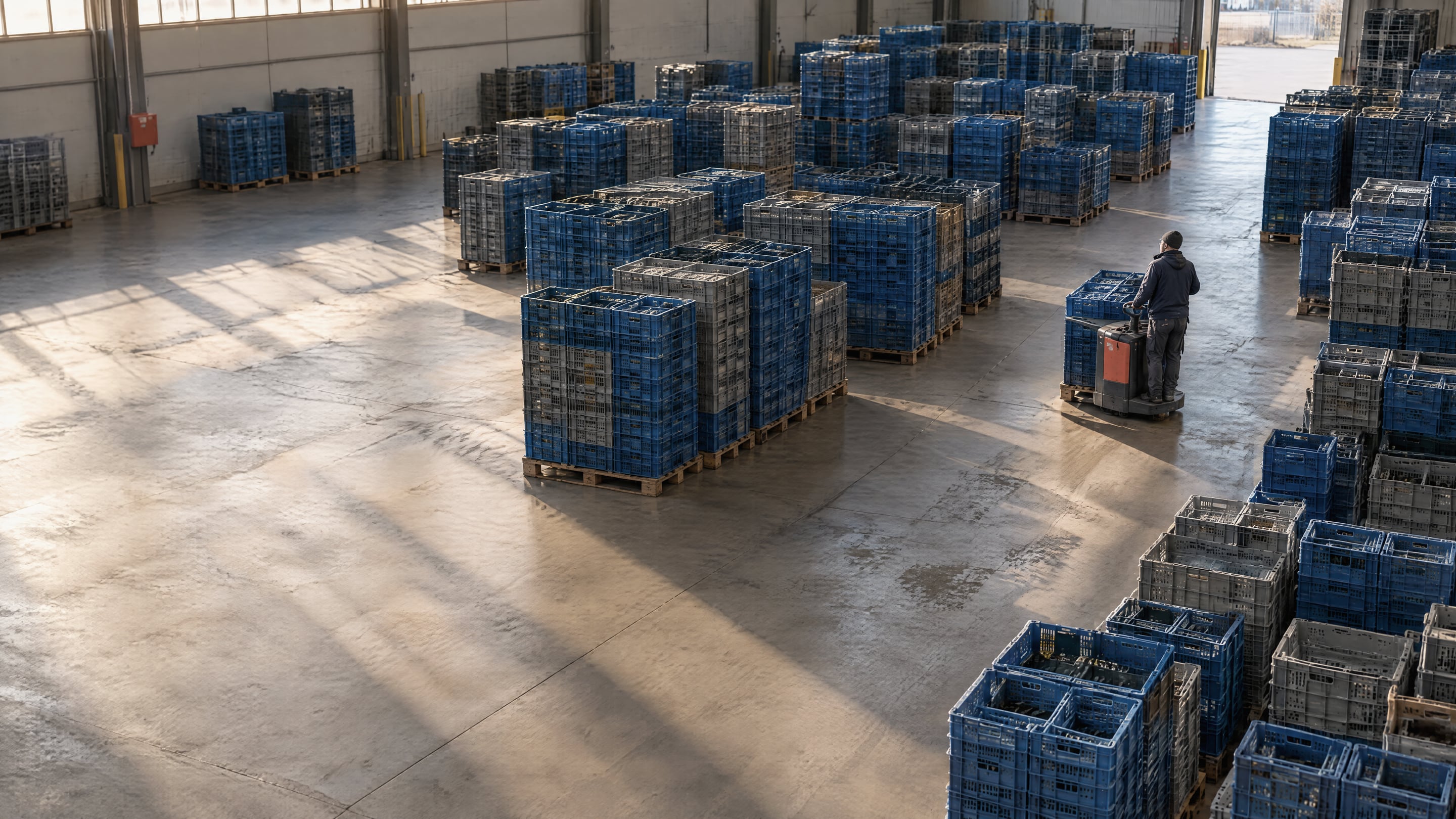 Zicht van bovenaf op een poolingcentrum met rijen stapels blauwe en grijze herbruikbare kratten op paletten en een operator met een elektrische palletwagen