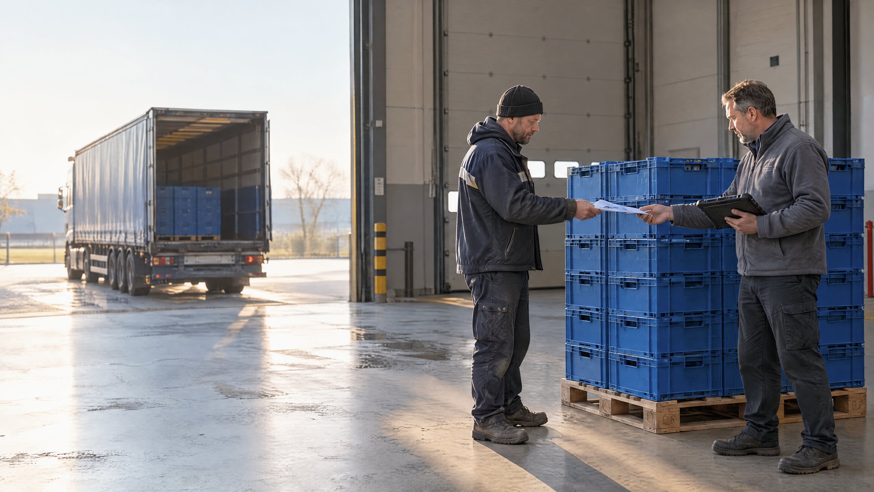 A carrier driver hands a delivery note to a dock supervisor beside a pallet of stacked grey reusable crates