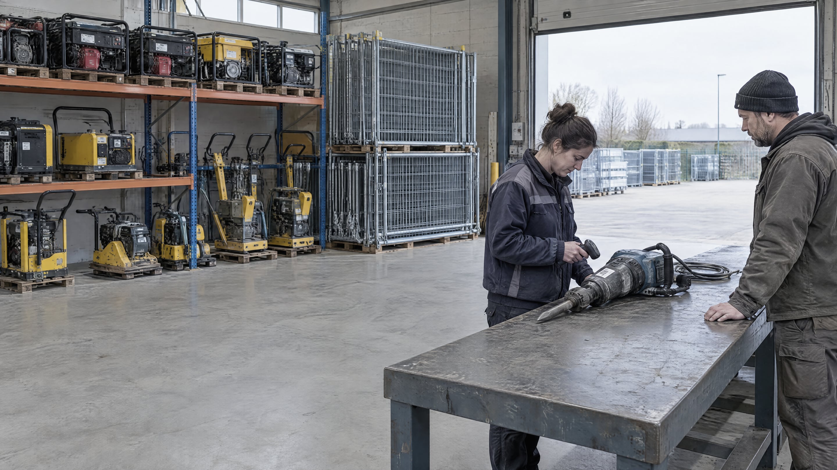 En medarbetare på ett uthyrningsdepå kontrollerar en returnerad bilningsmaskin på en arbetsbänk medan en entreprenör väntar, med elverk, markvibratorer och byggstängsel bakom dem