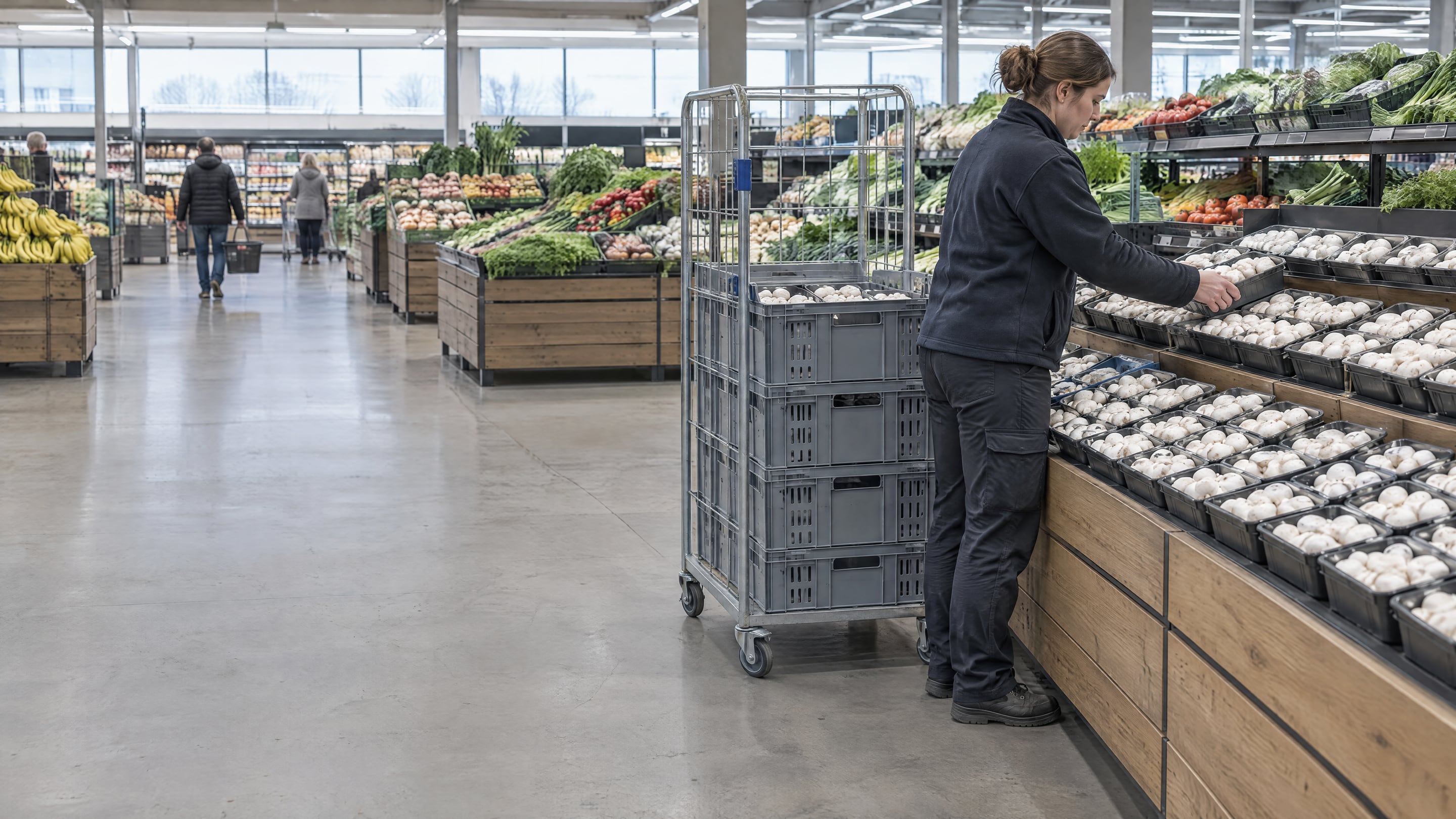 Reusable produce trays on a supermarket shelf
