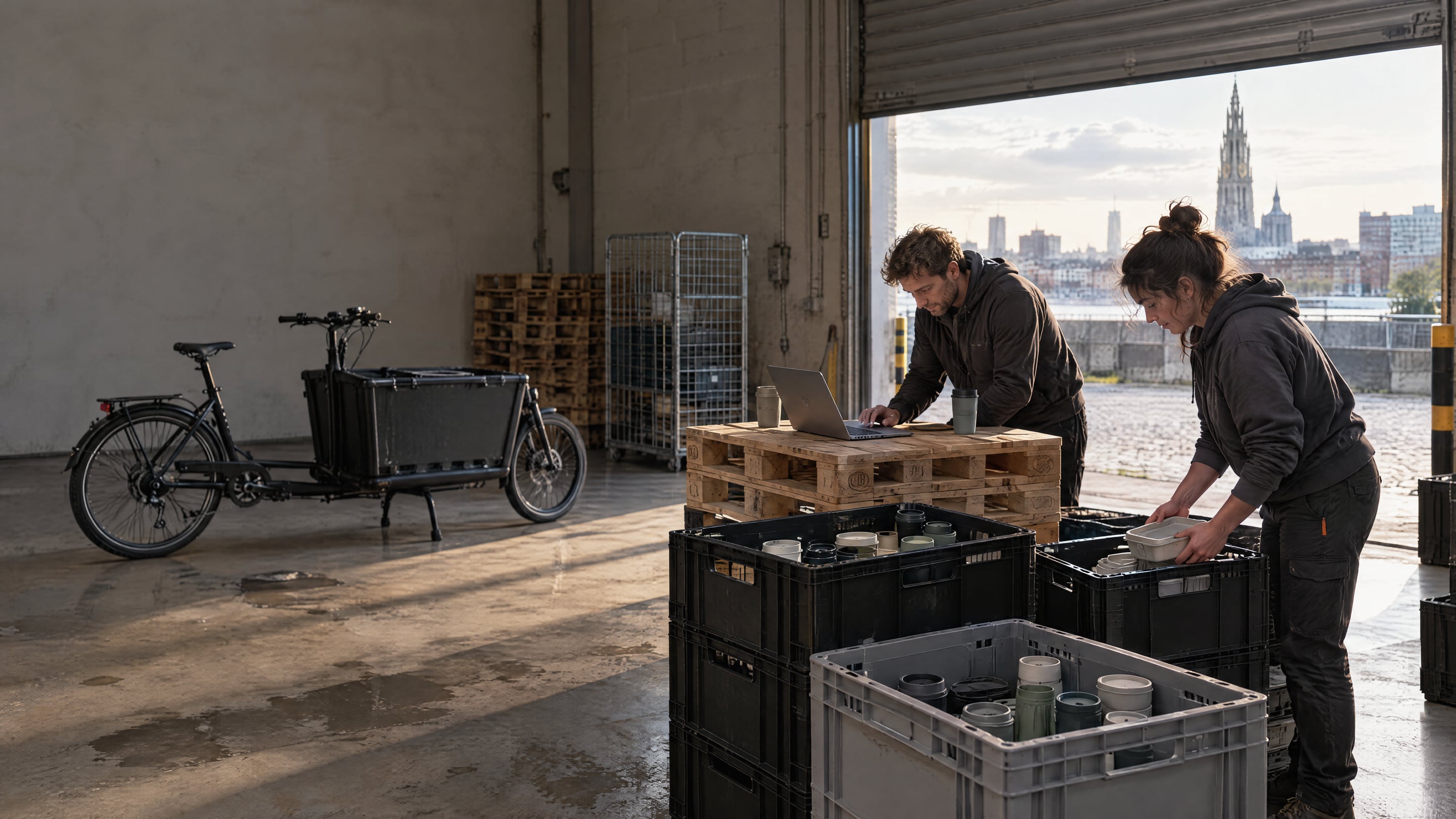 Deux fondateurs emballent des gobelets réutilisables et des contenants à emporter dans des caisses noires et grises dans un petit local d'entrepôt, l'un travaillant sur un ordinateur portable posé sur une palette