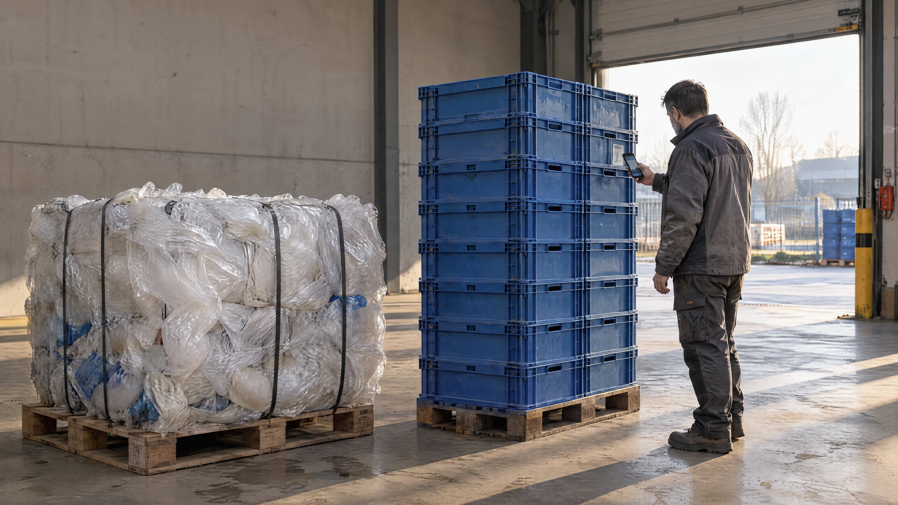 A bale of used stretch film beside a stack of reusable crates waiting for return at a distribution center
