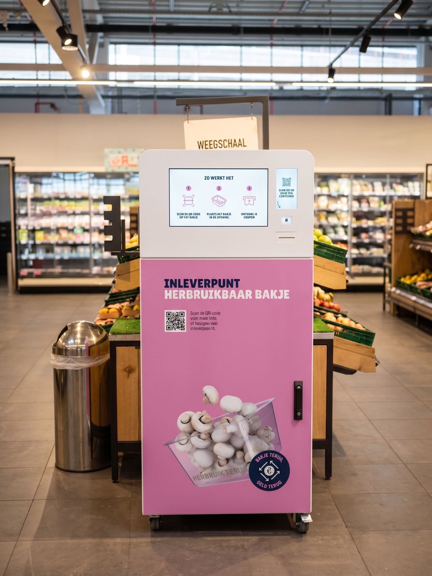Een Repasys-retourkiosk voor herbruikbare schalen op de groente- en fruitafdeling van een supermarkt, met een touchscreen en een QR-scanner