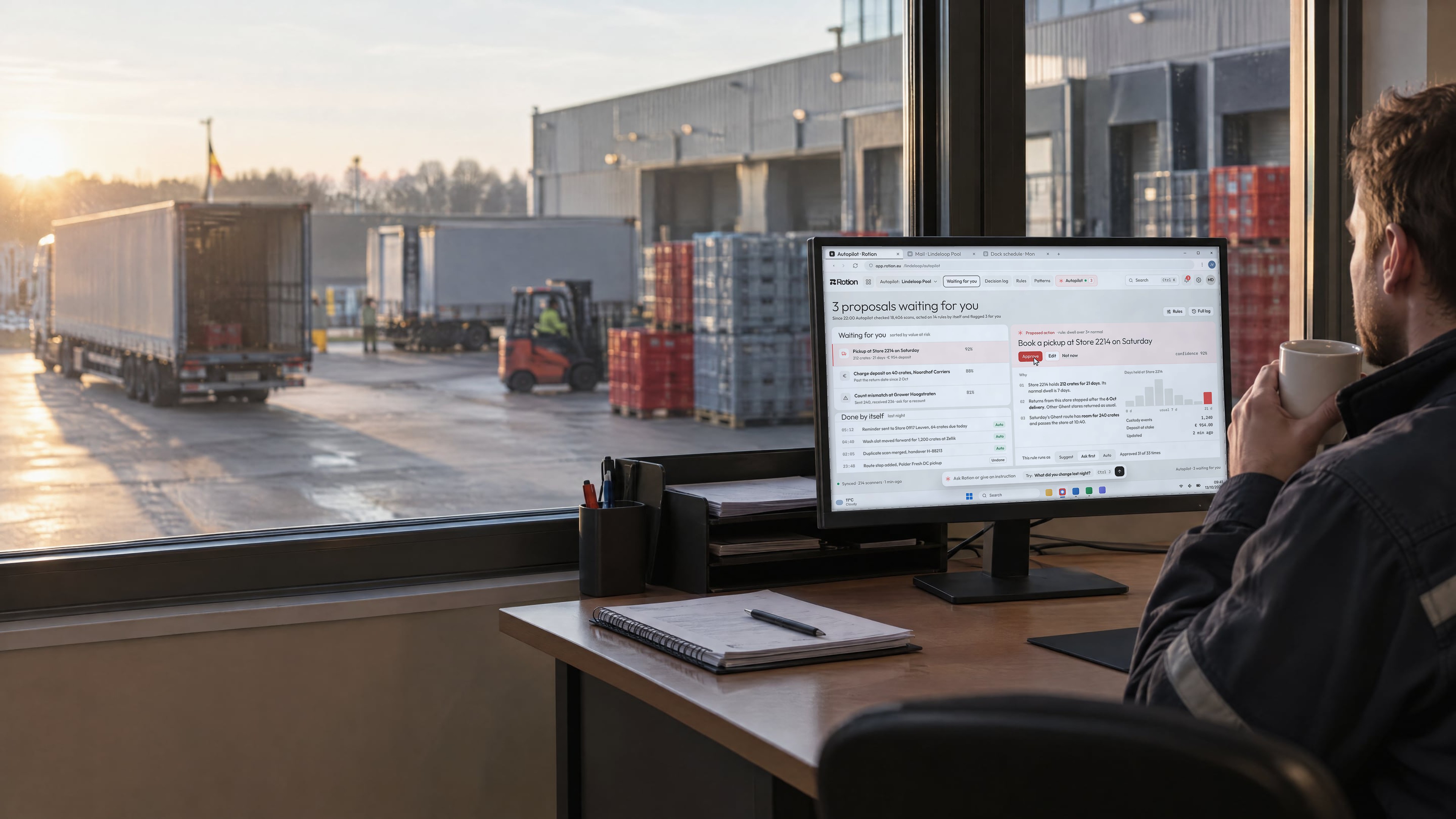 A planner with a coffee in a dispatch office before dawn, the monitor showing three Autopilot proposals waiting for approval, the dock lit outside