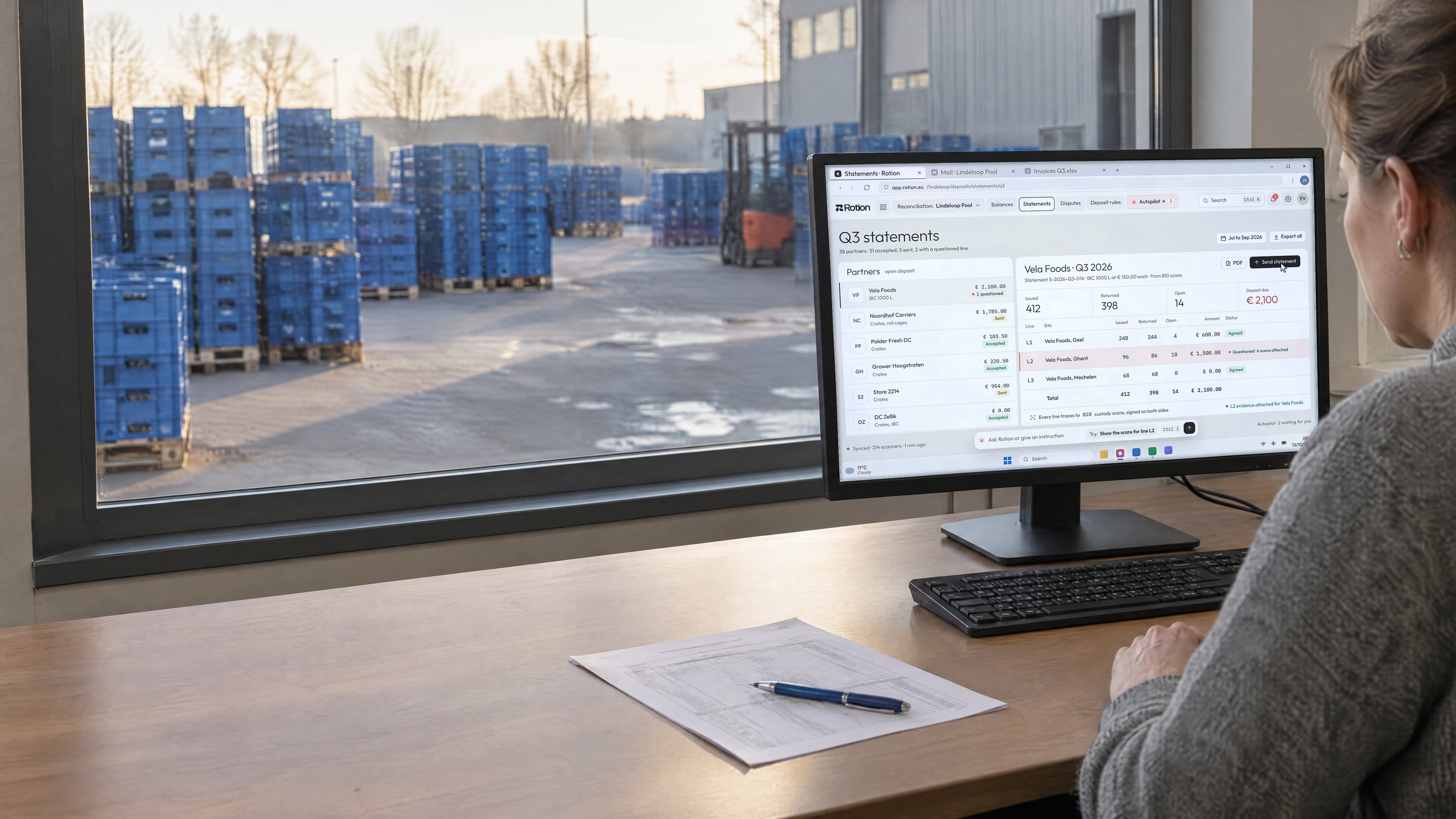 An administrator at a desk overlooking a yard of stacked blue crates, the monitor showing a quarterly deposit statement with one questioned line