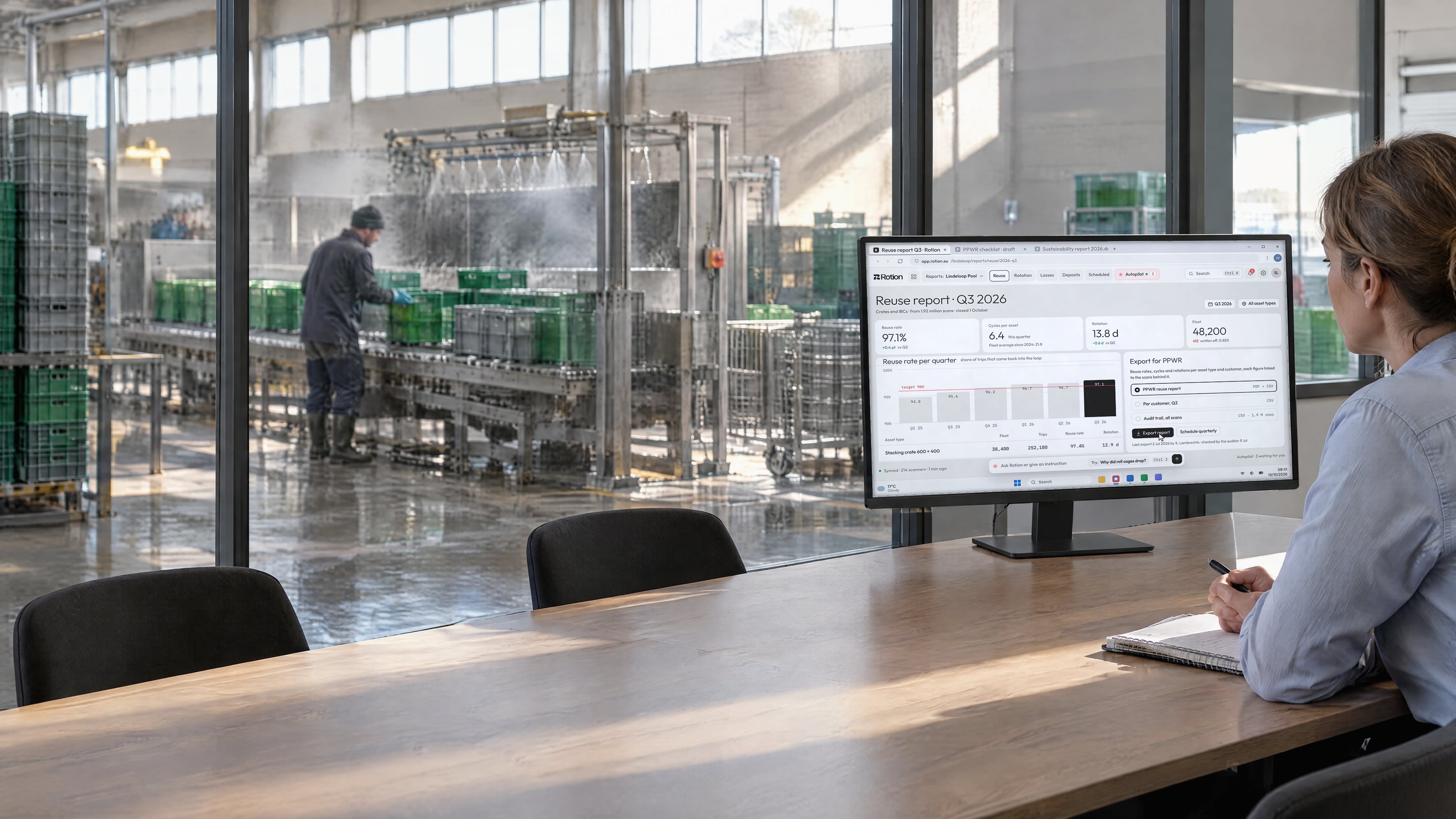 A sustainability manager in a meeting room above a crate washing hall, the monitor showing the quarterly reuse report and its PPWR export